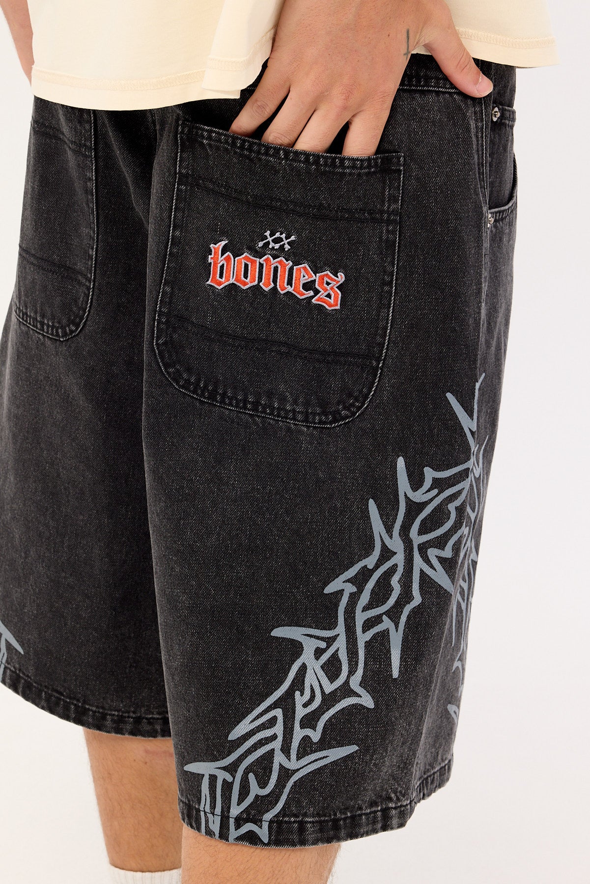 Billy Bones Club Bones Barned Denim Shorts Washed Black - Image 6