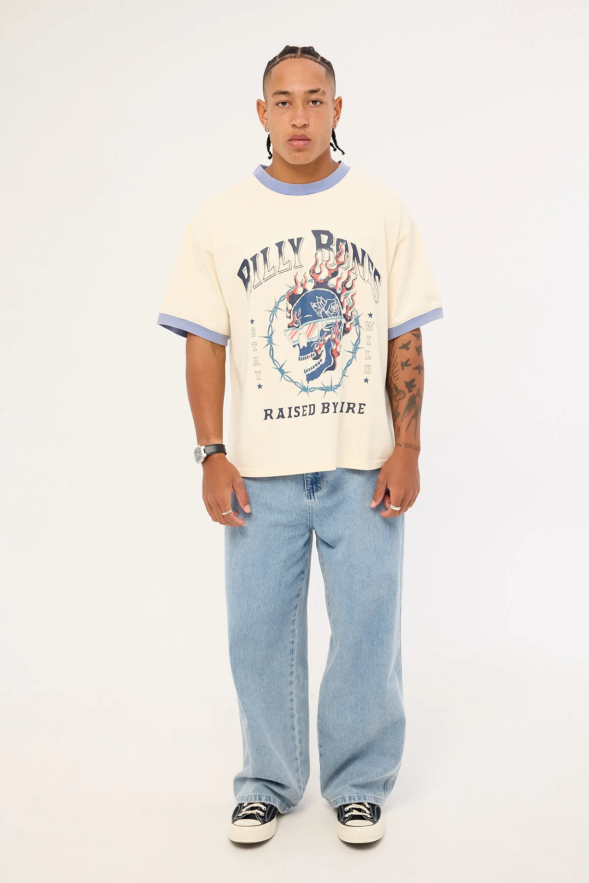 Billy Bones Club Raised by Fire Ringer Tee Vintage White/Blue - Image 2