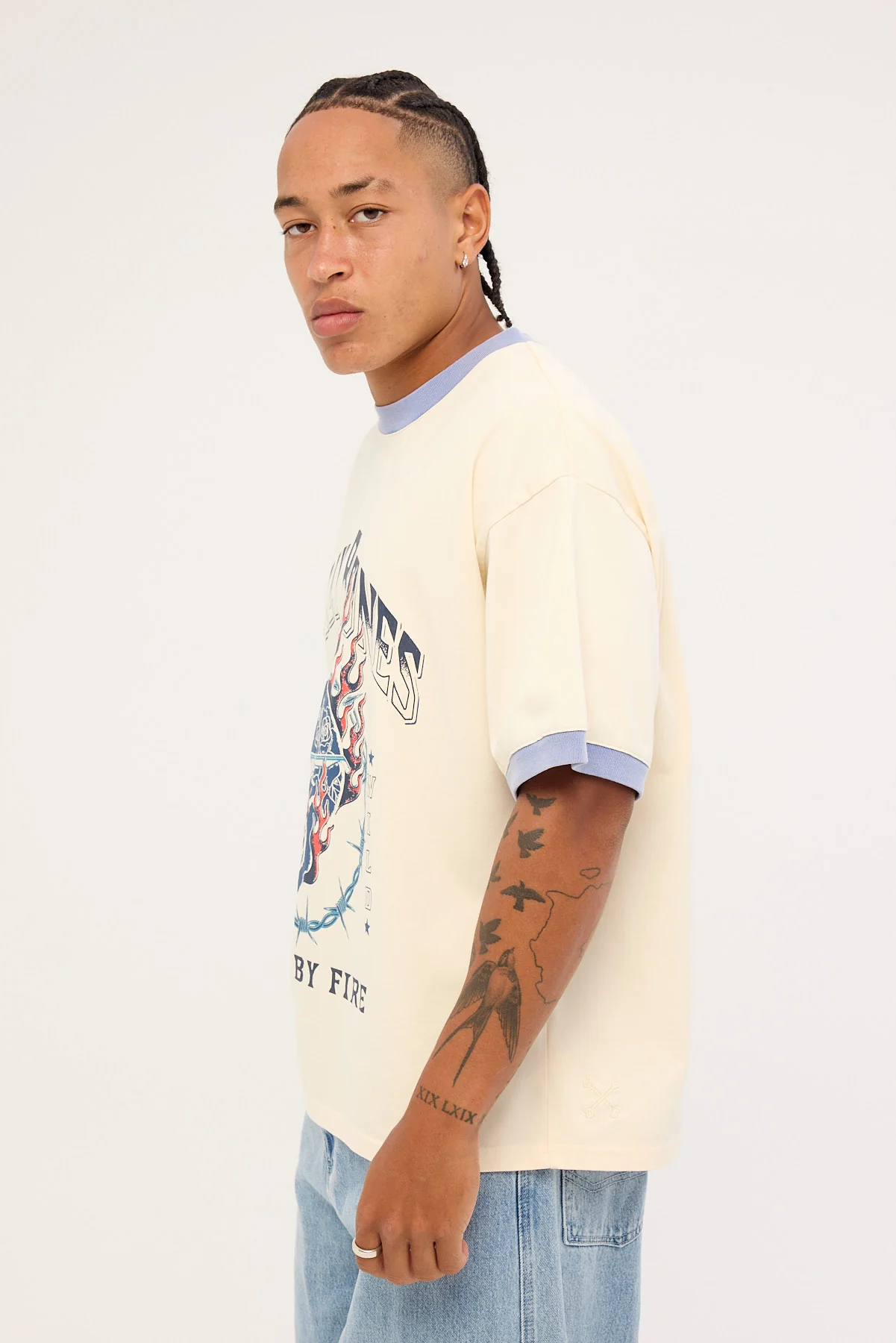 Billy Bones Club Raised by Fire Ringer Tee Vintage White/Blue - Image 3