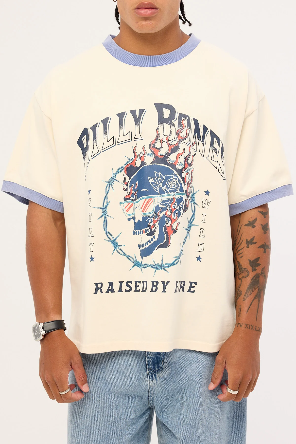 Billy Bones Club Raised by Fire Ringer Tee Vintage White/Blue - Image 6