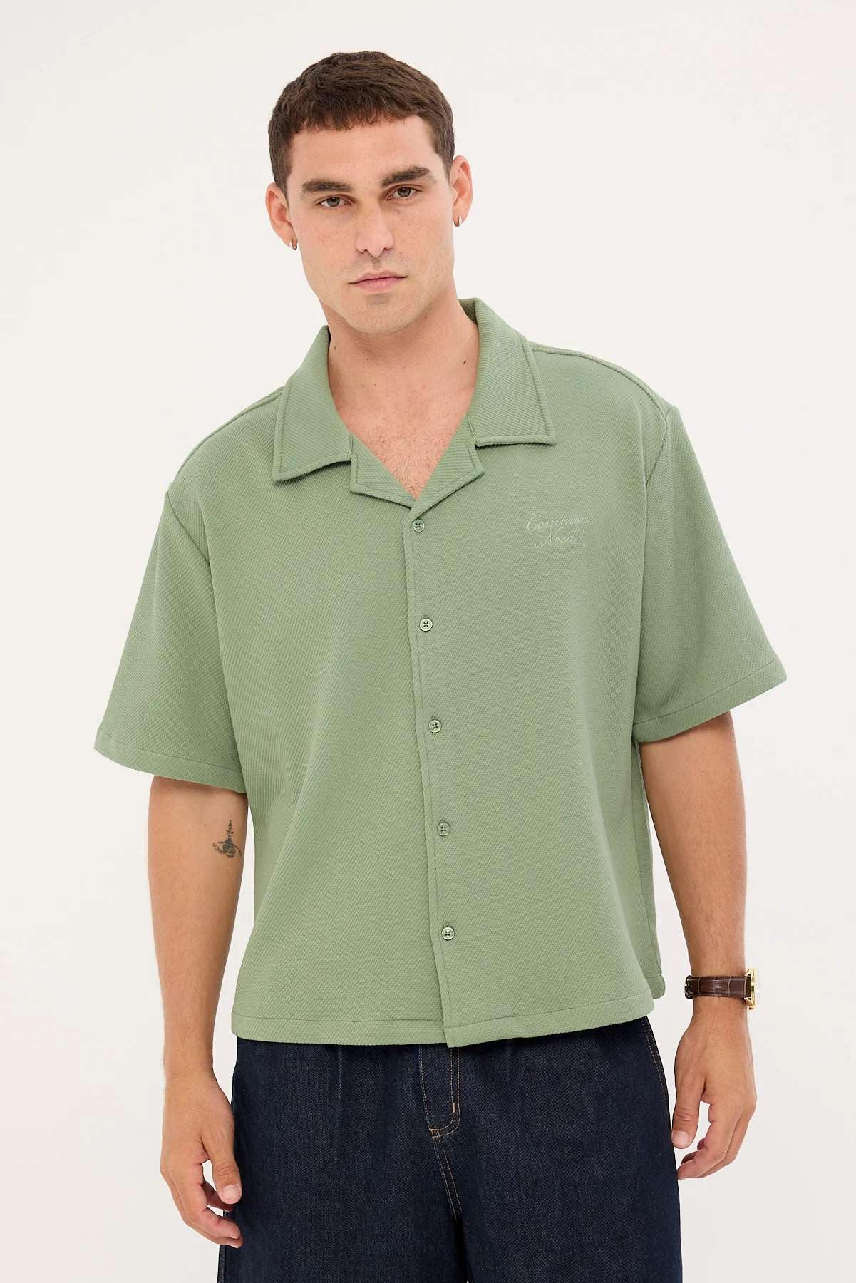 Common Need Alaric Boxy Cropped Resort Shirt Sage