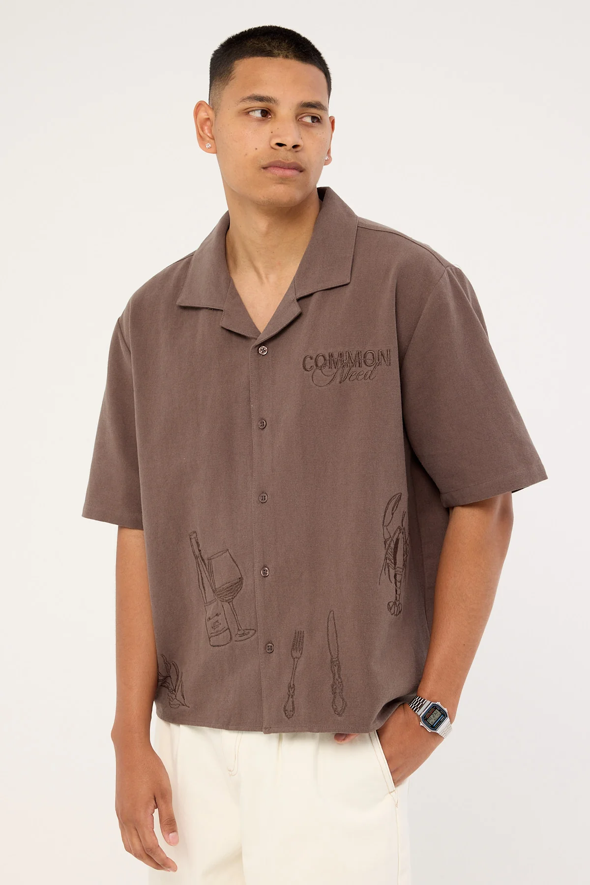 Common Need Alfresco Boxy Cropped Resort Shirt Brown