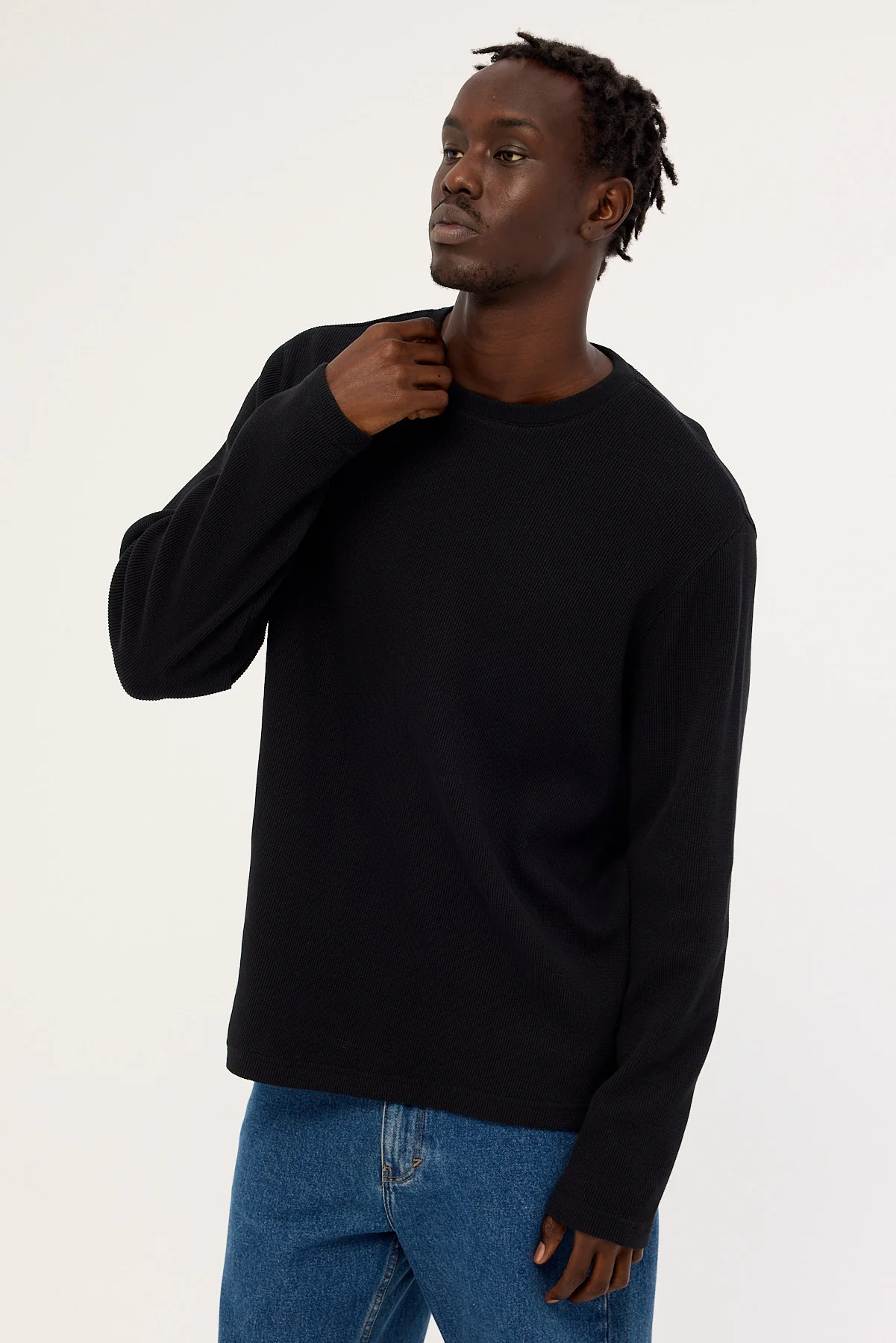 Common Need Channing Waffle Long Sleeve Tee Black - Image 3