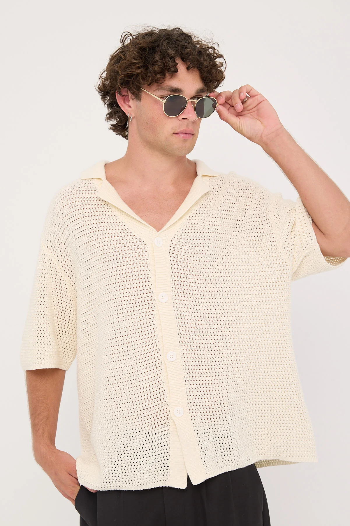 Common Need Crochet Boxy Resort Shirt Ecru