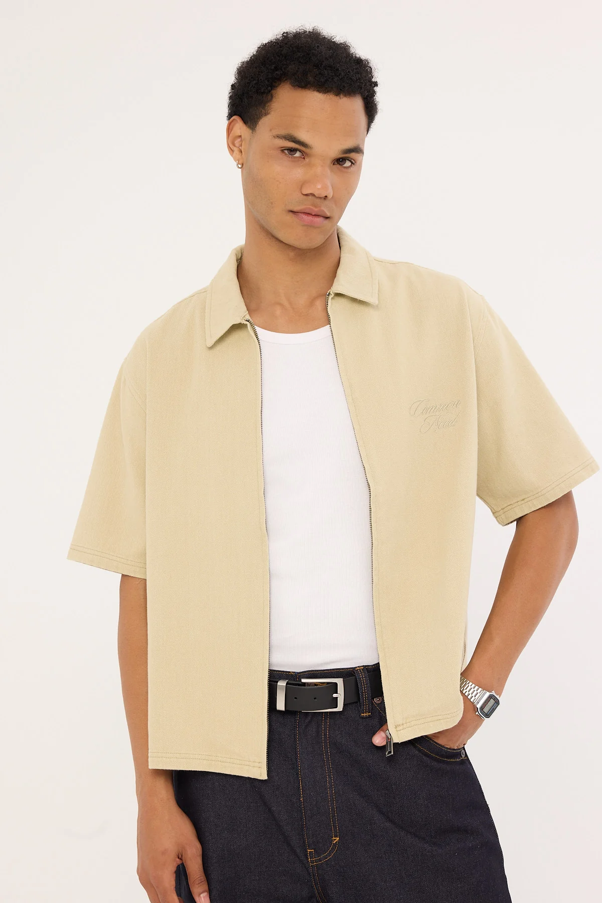 Common Need Dustin Zip Boxy Cropped Shirt Biscuit