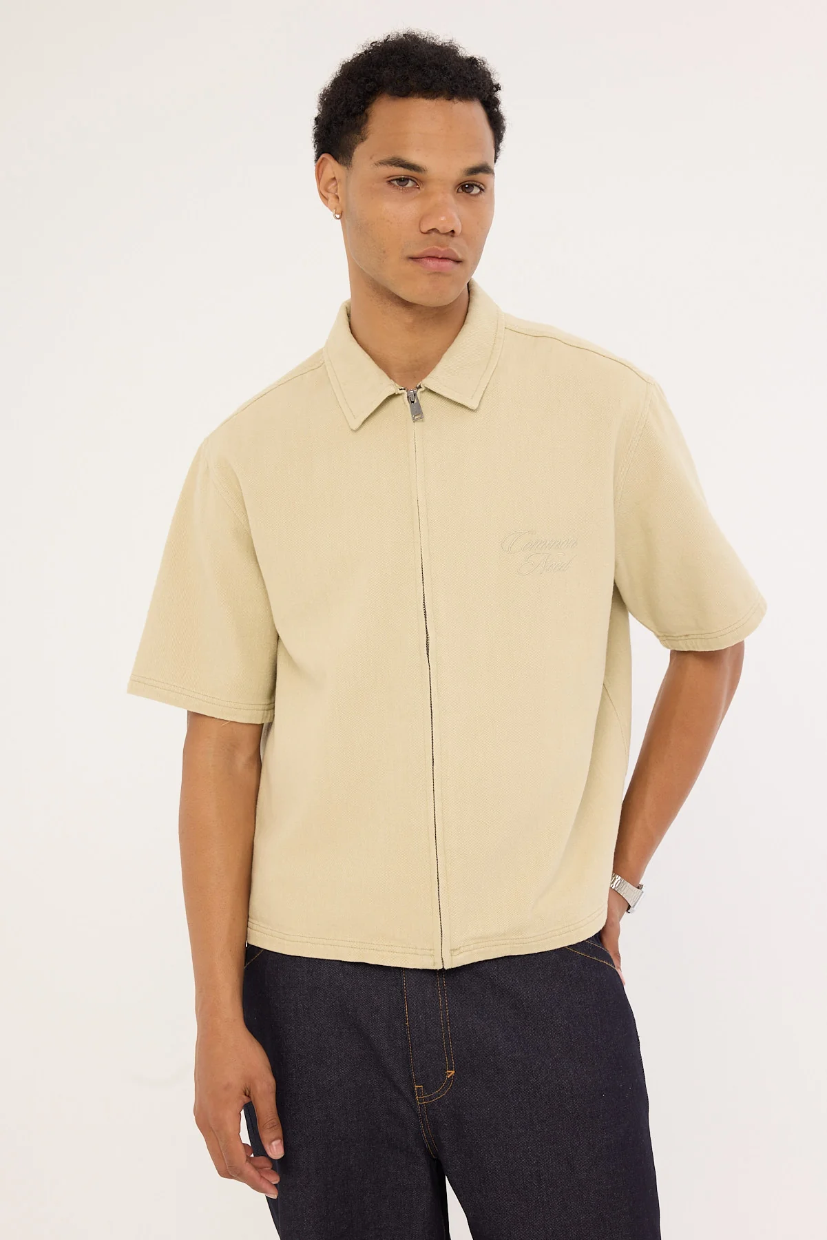 Common Need Dustin Zip Boxy Cropped Shirt Biscuit - Image 2