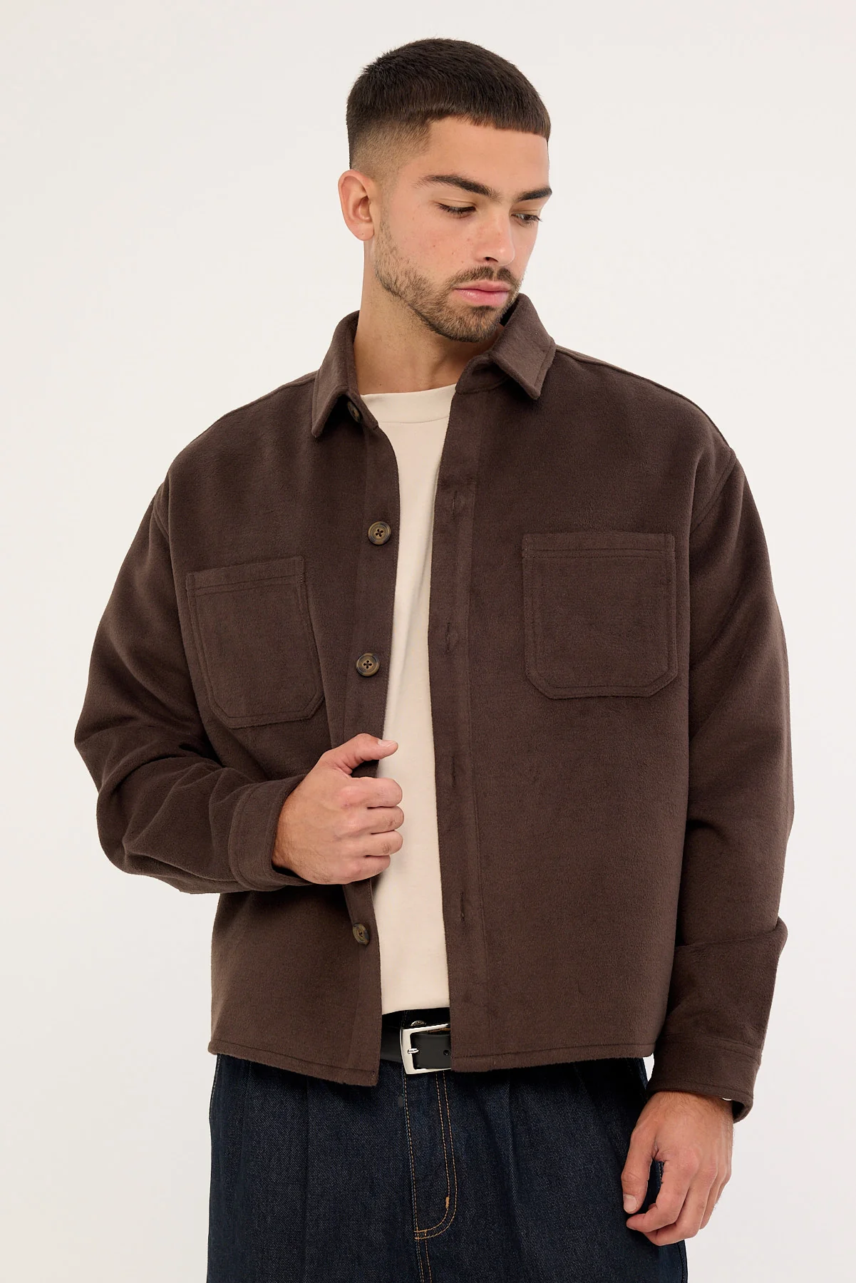 Common Need Emerson Cropped Heavyweight Overshirt Fudge Brown