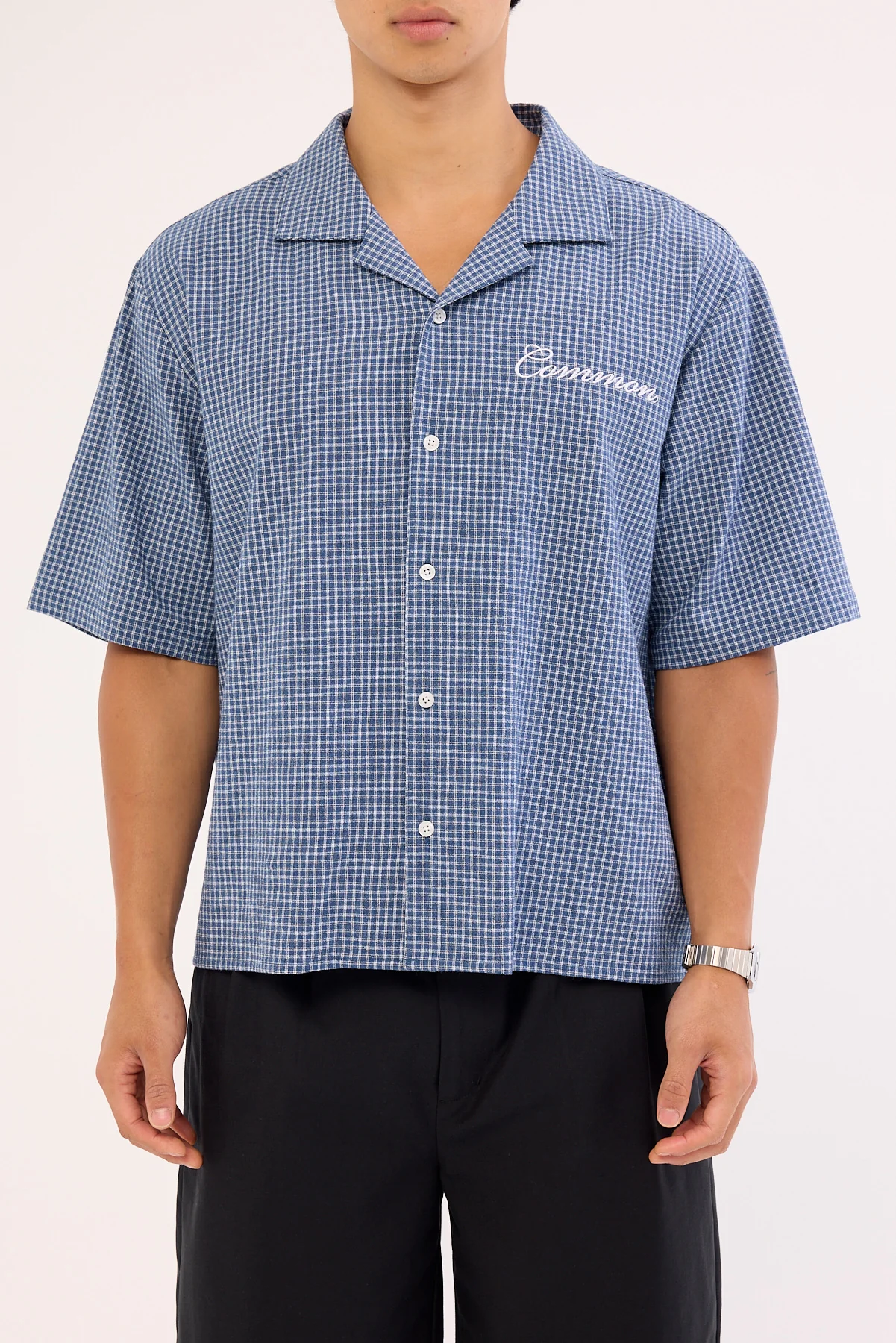Common Need Flintmore Boxy Cropped Resort Shirt Blue Check - Image 9