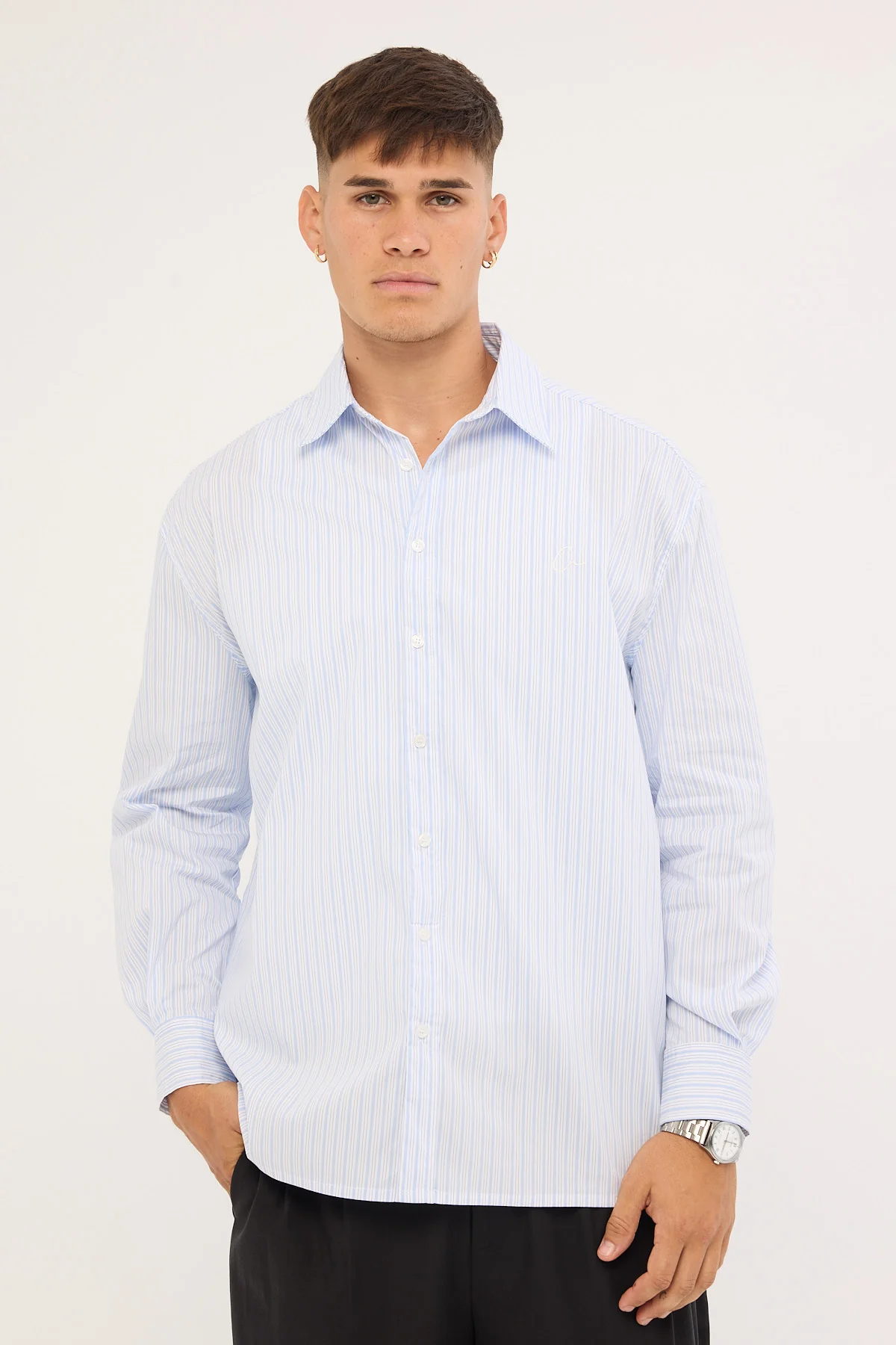 Common Need Initial Long Sleeve Shirt Blue Stripe - Image 2