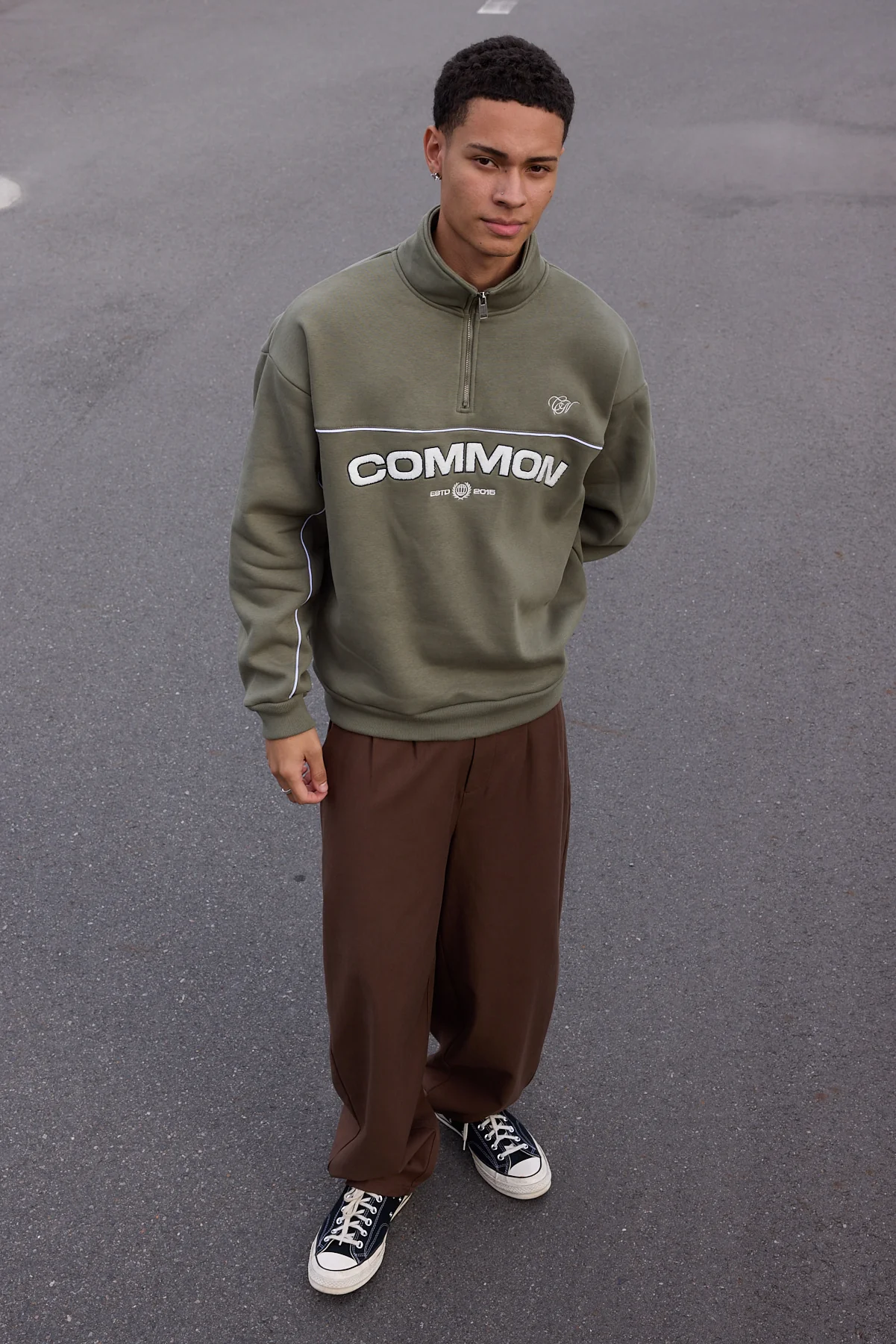 Common Need Intermission Quarter Zip Sweater Olive Green
