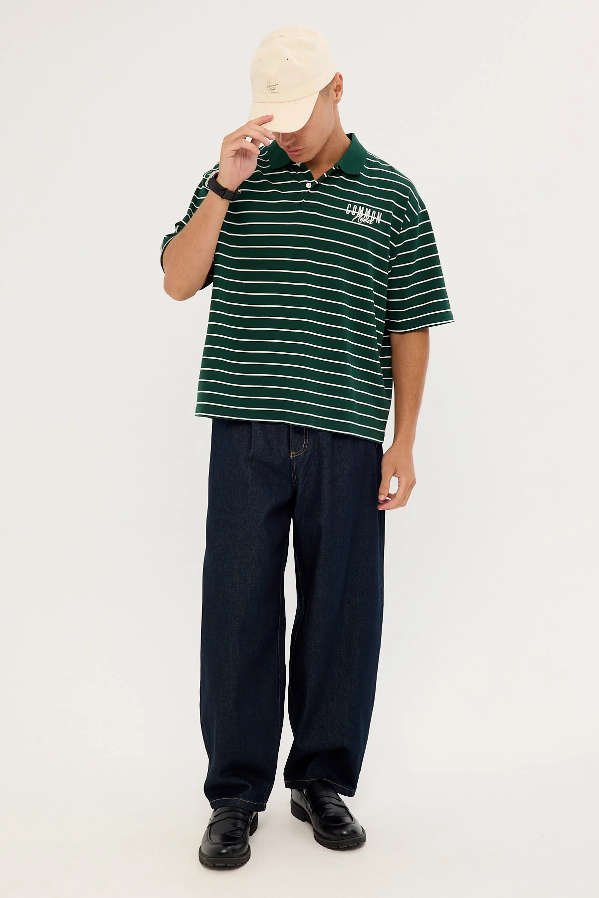Common Need Motive Boxy Cropped Polo Forest Green Stripe - Image 2