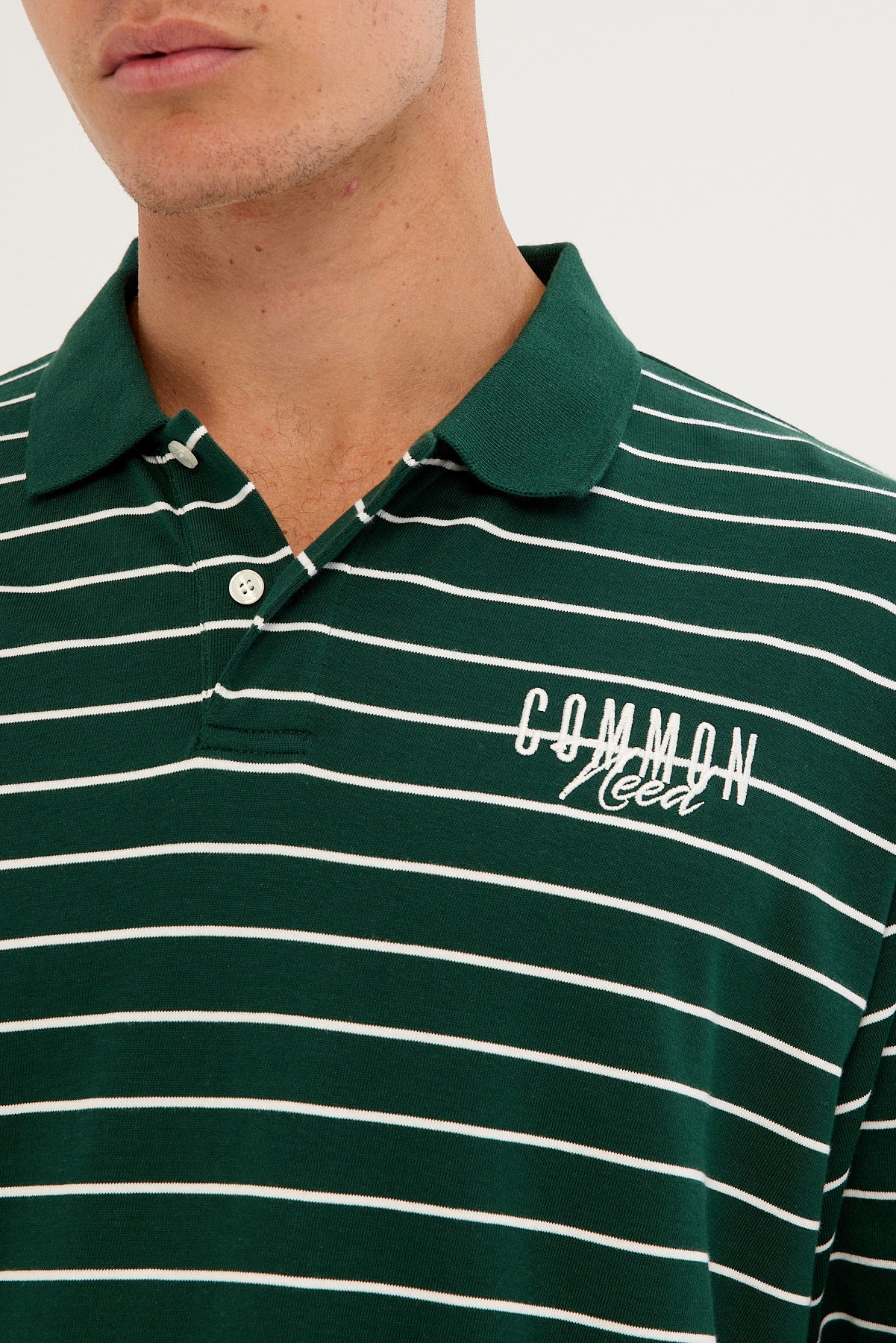 Common Need Motive Boxy Cropped Polo Forest Green Stripe - Image 3
