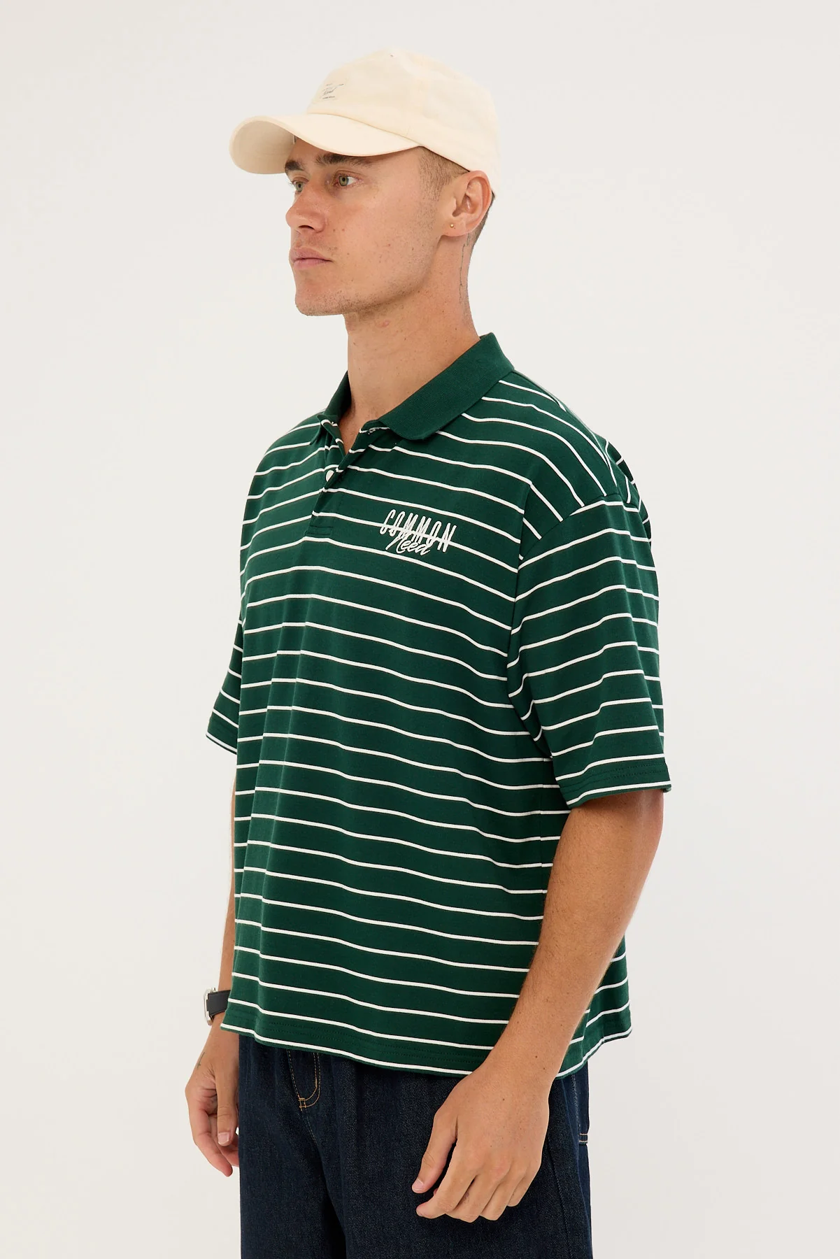 Common Need Motive Boxy Cropped Polo Forest Green Stripe - Image 4