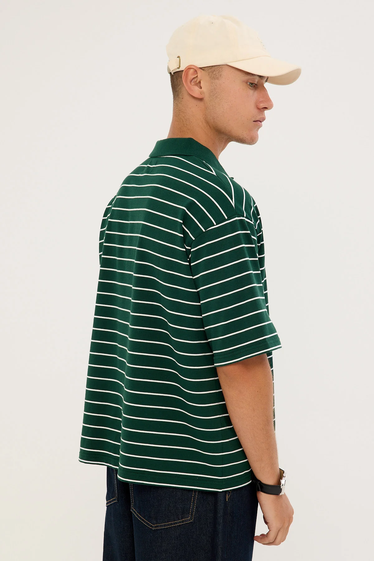Common Need Motive Boxy Cropped Polo Forest Green Stripe - Image 5
