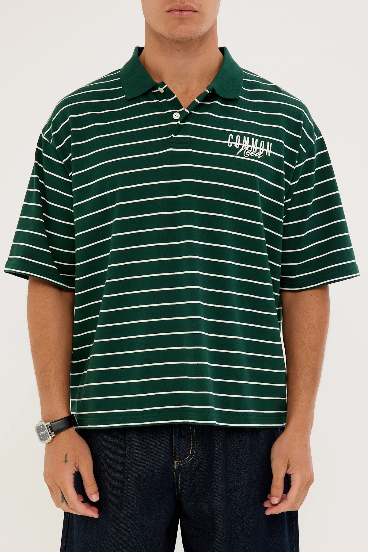 Common Need Motive Boxy Cropped Polo Forest Green Stripe - Image 6