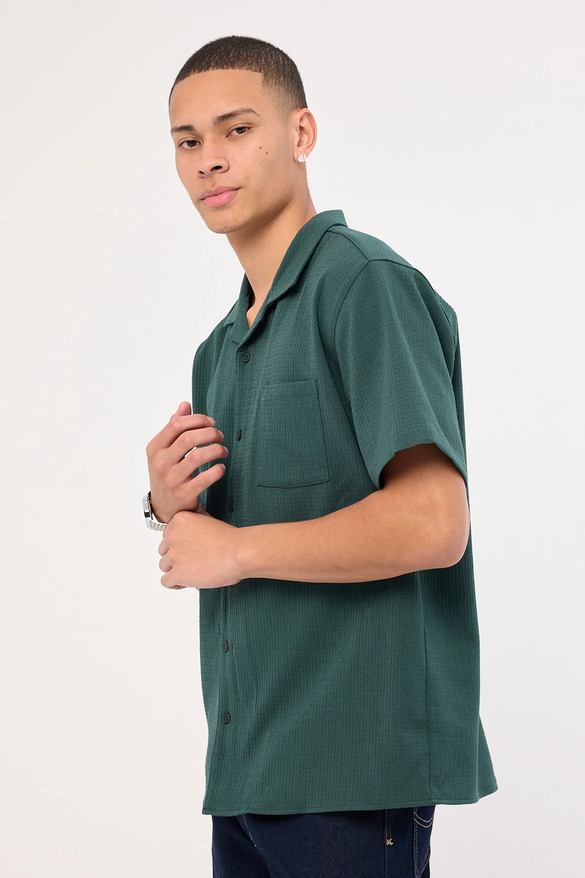 Common Need Mykonos Waffle Resort Shirt Dark Green - Image 4