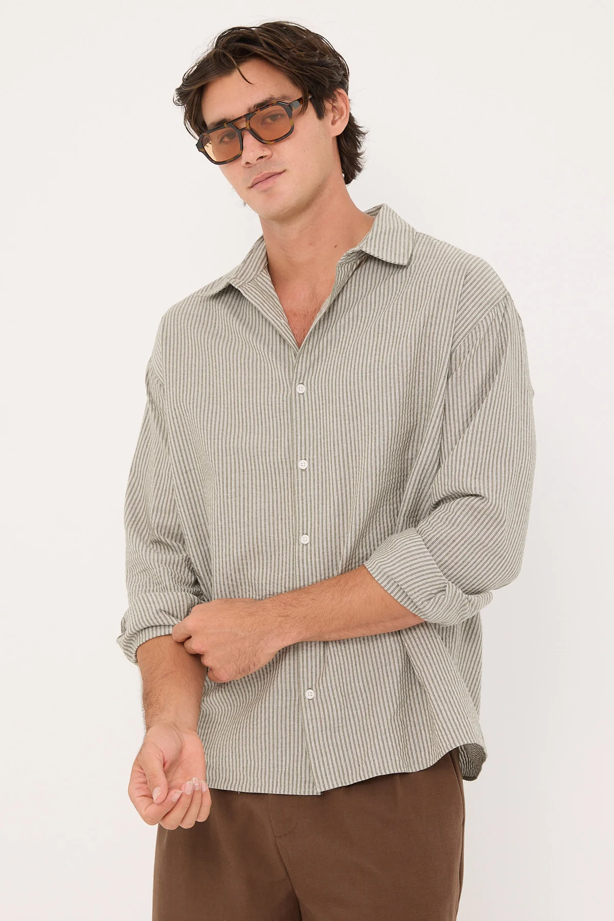 Common Need Myles Long Sleeve Shirt Olive Stripe - Image 3