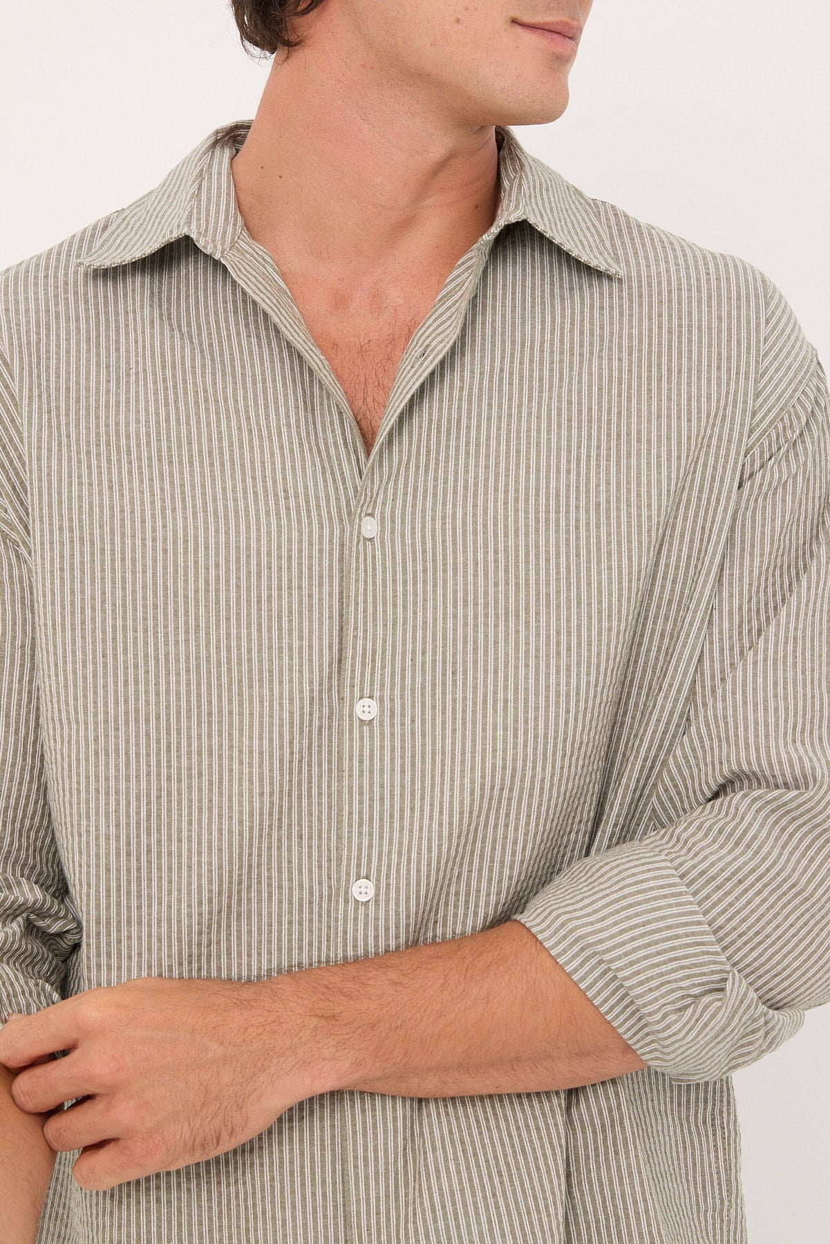 Common Need Myles Long Sleeve Shirt Olive Stripe - Image 5