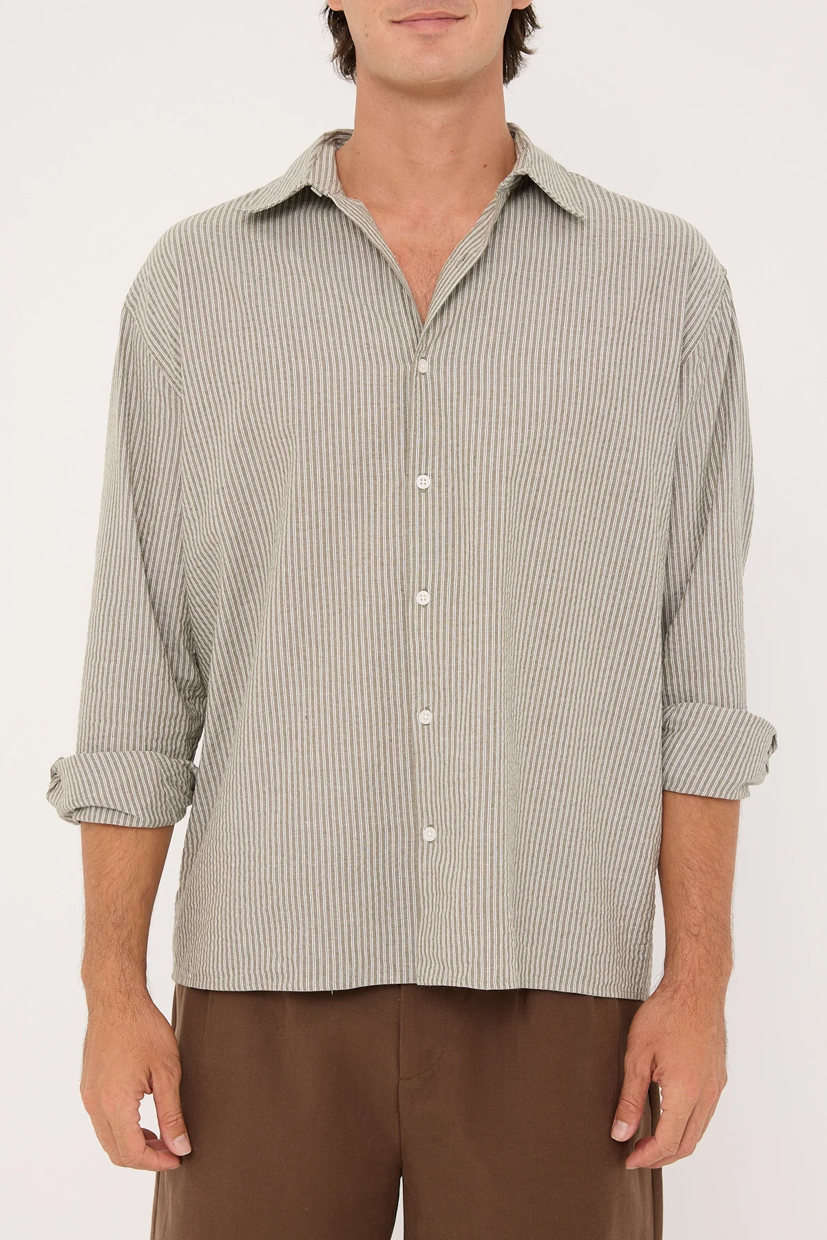 Common Need Myles Long Sleeve Shirt Olive Stripe - Image 7