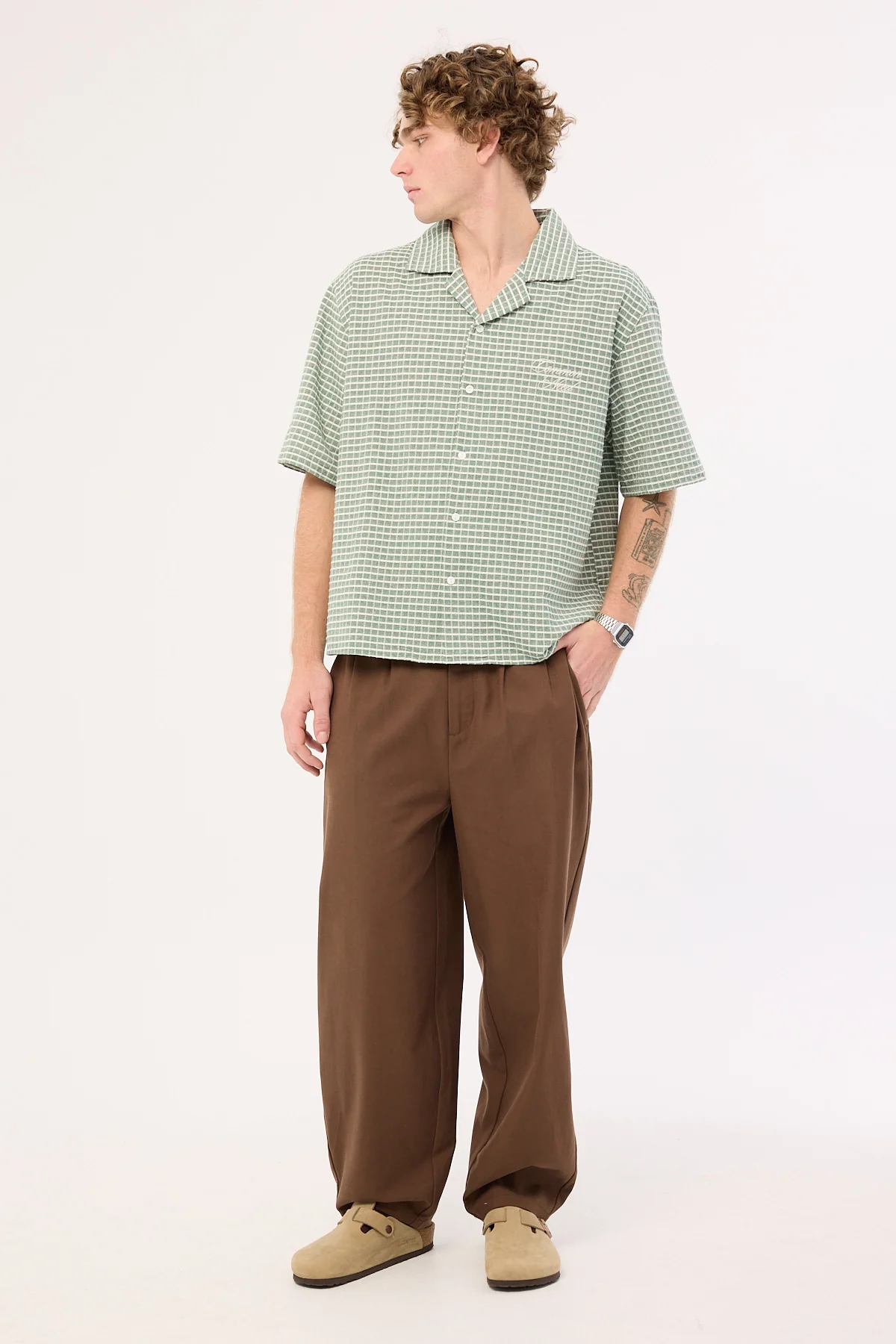 Common Need Niko Boxy Cropped Resort Shirt Green Check - Image 3