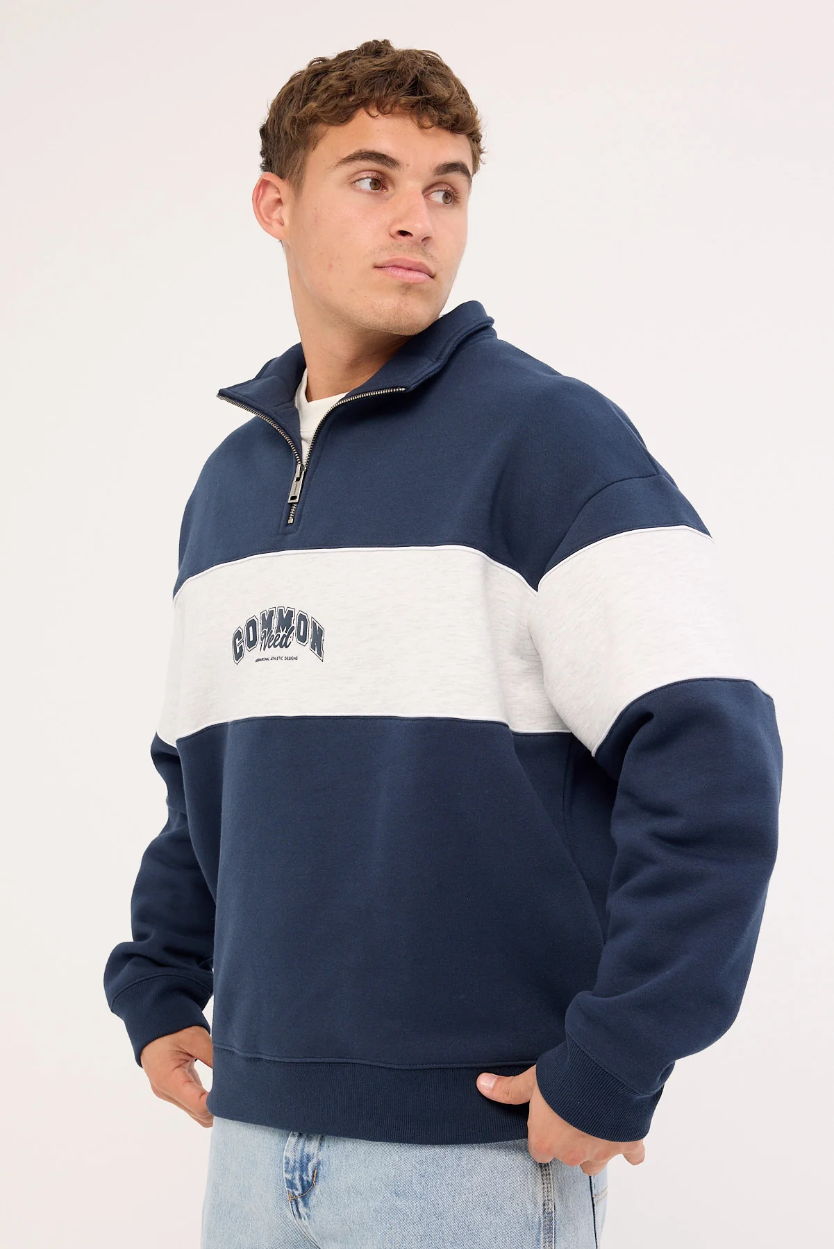 Common Need Noble Quarter Zip Sweater Navy/Snow Marle - Image 3