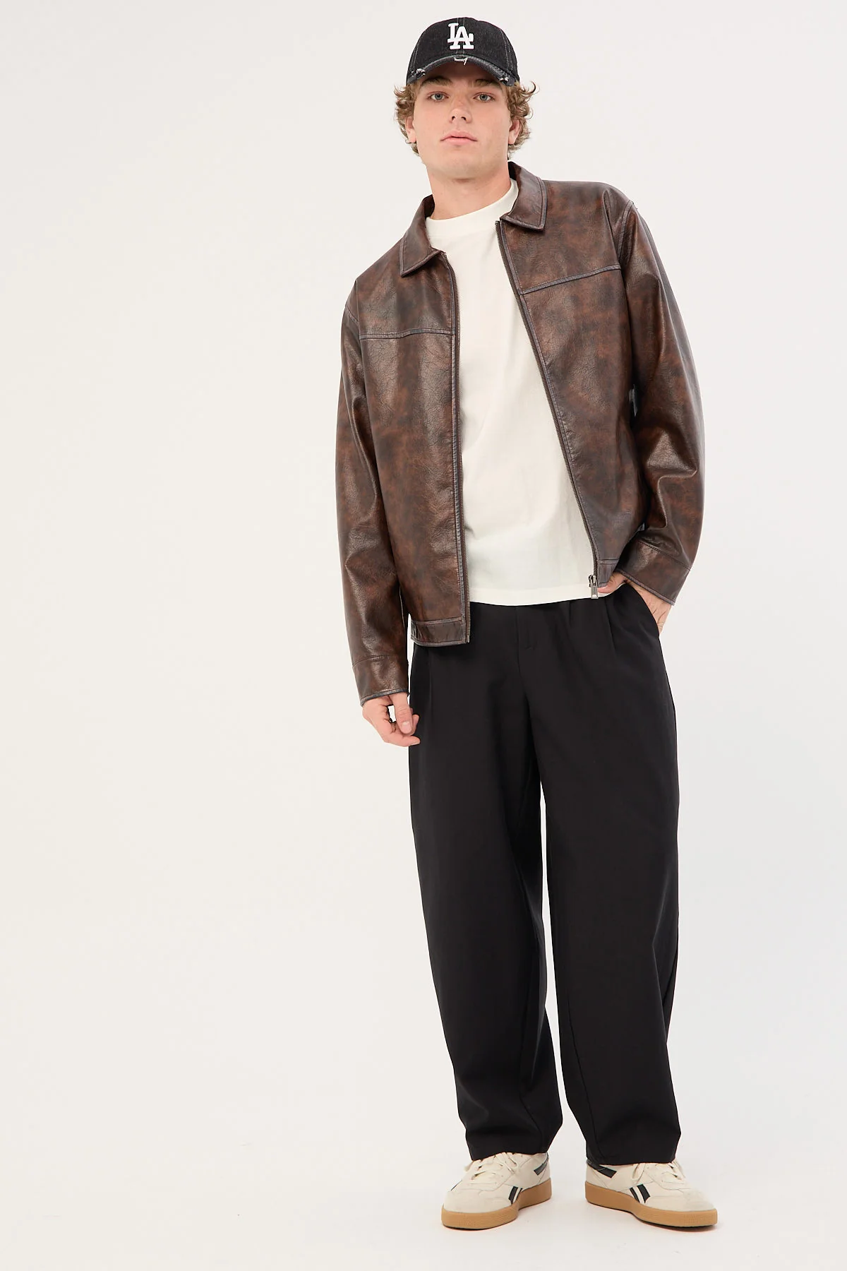 Common Need Pilot PU Leather Jacket Washed Brown - Image 3