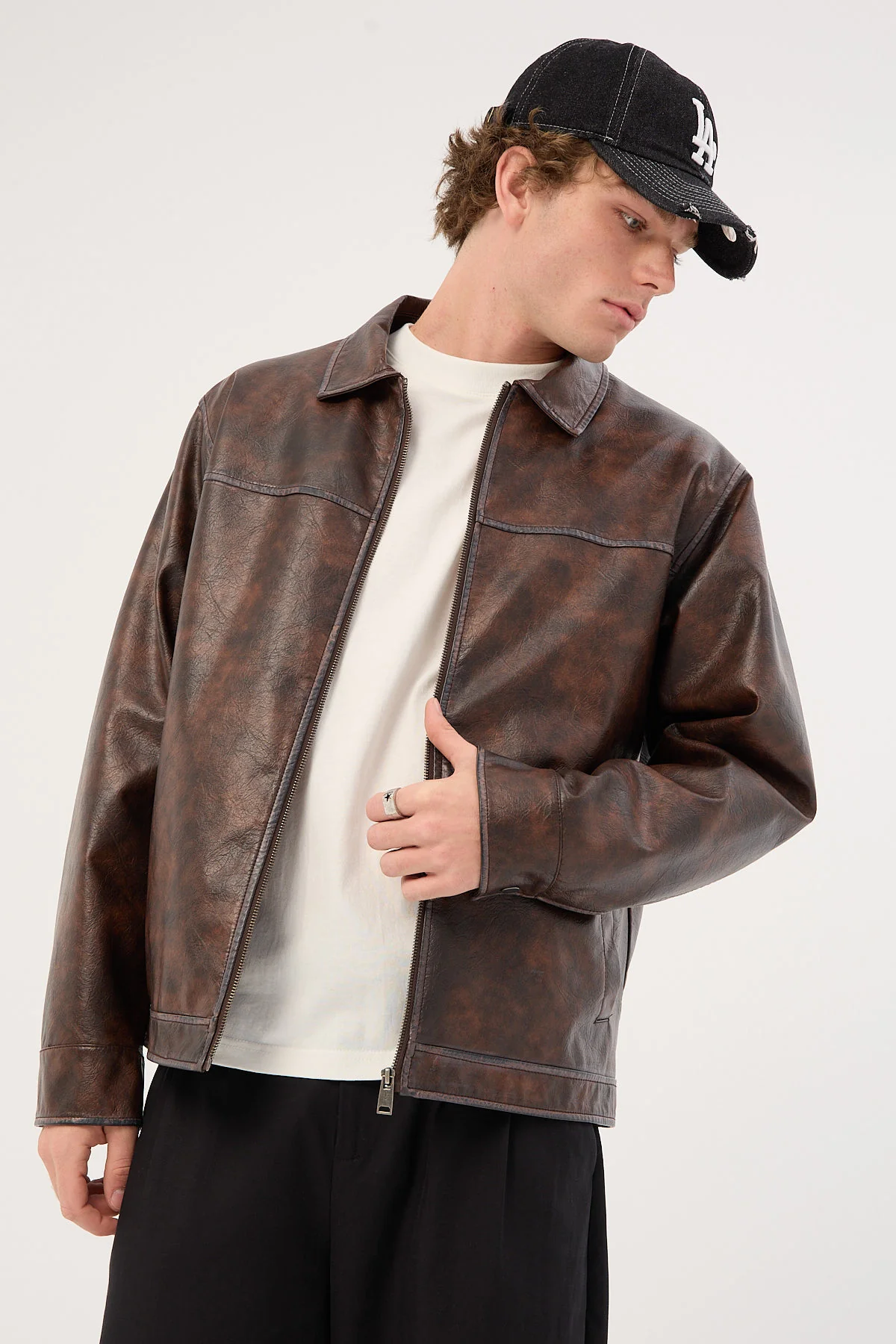 Common Need Pilot PU Leather Jacket Washed Brown - Image 5