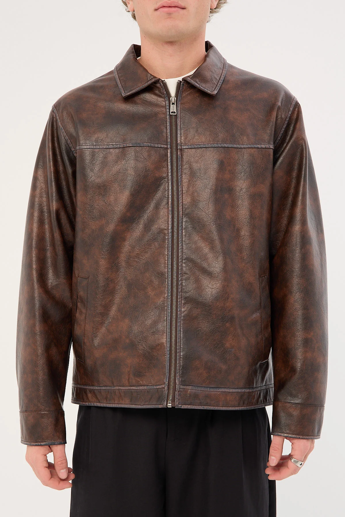 Common Need Pilot PU Leather Jacket Washed Brown - Image 9