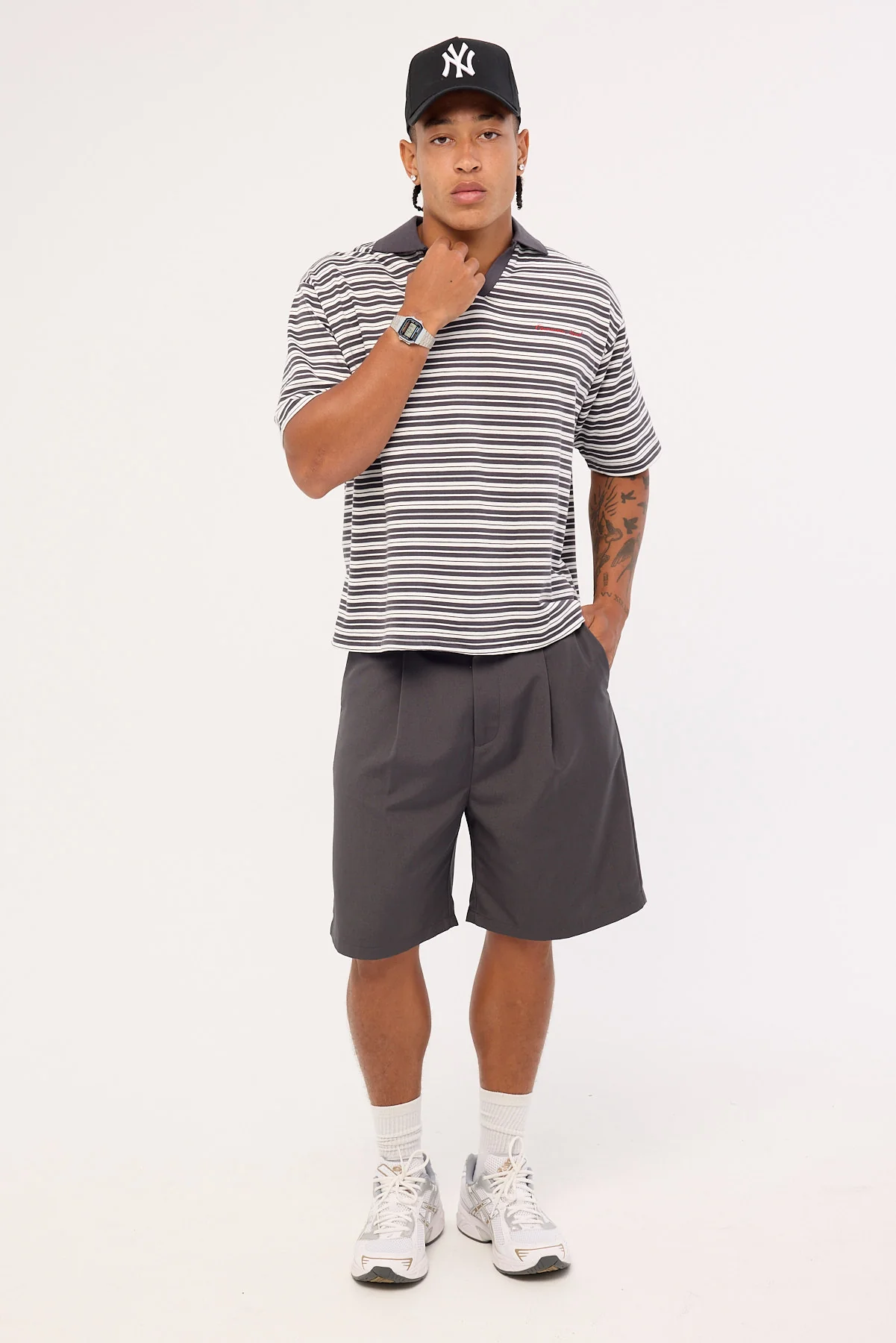 Common Need Porto Boxy Cropped Polo Dark Grey Stripe - Image 3