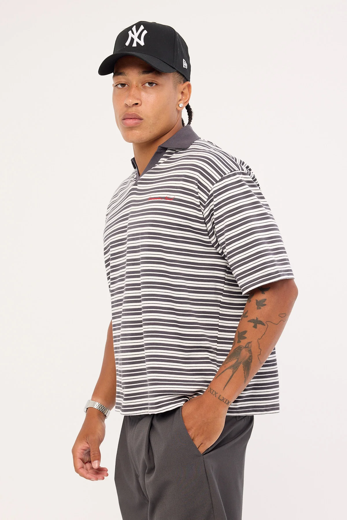 Common Need Porto Boxy Cropped Polo Dark Grey Stripe - Image 4