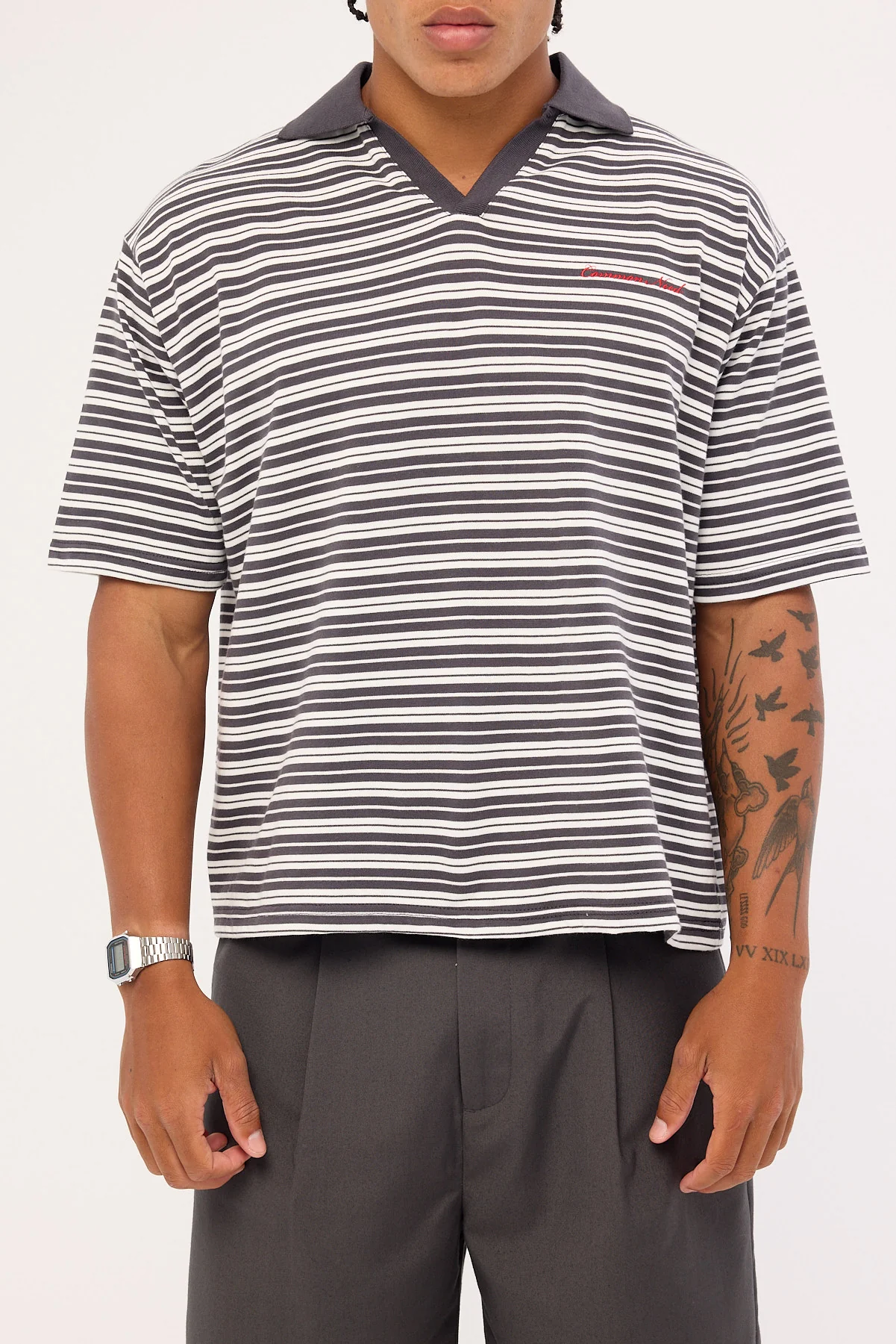 Common Need Porto Boxy Cropped Polo Dark Grey Stripe - Image 7