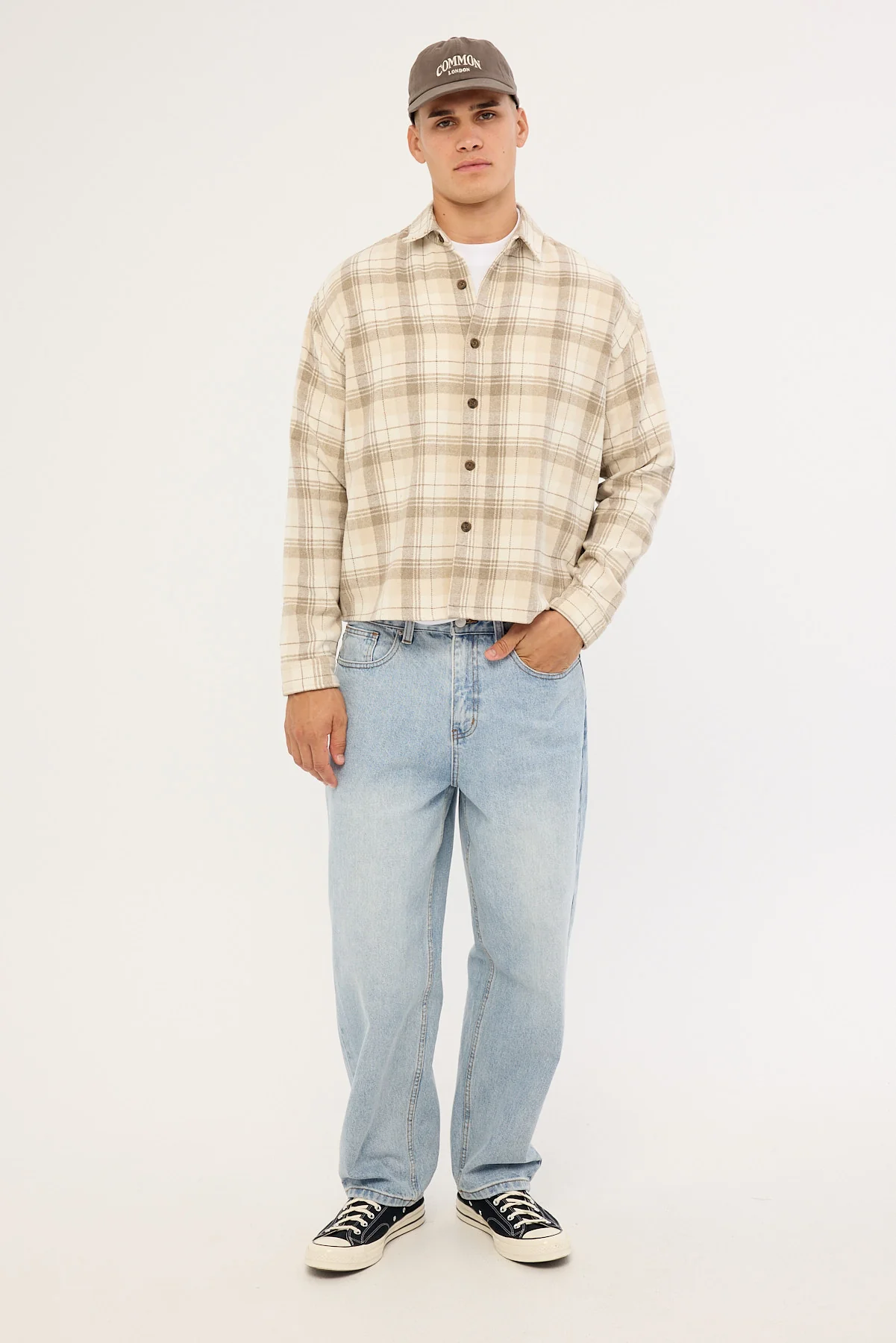 Common Need Preston Cropped Flannel Overshirt Off White - Image 2