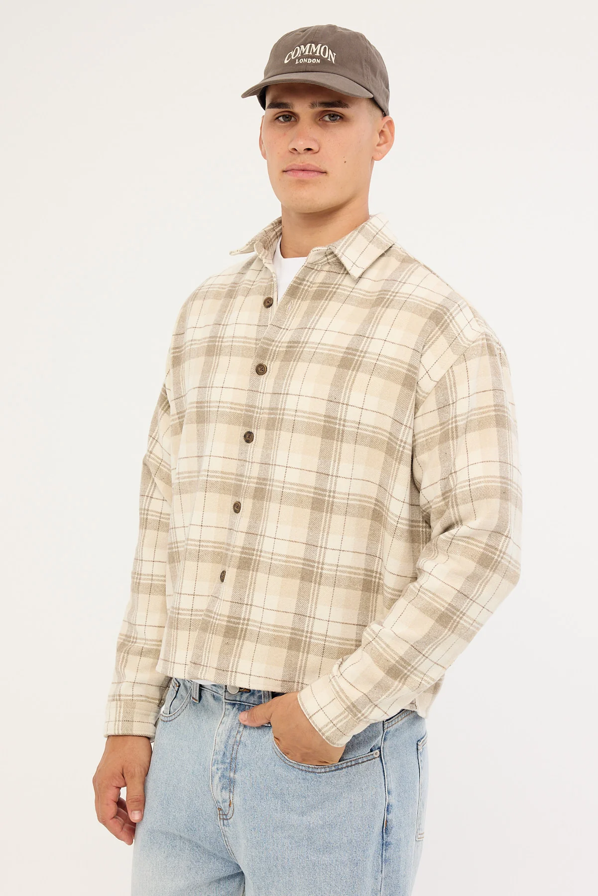 Common Need Preston Cropped Flannel Overshirt Off White - Image 4