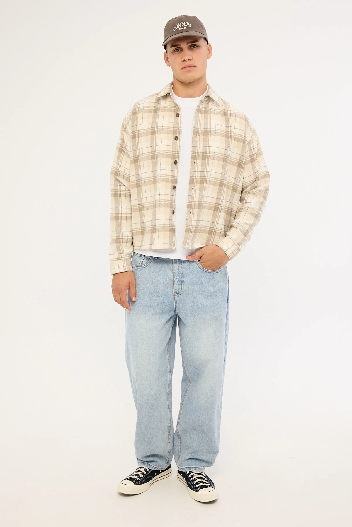 Common Need Preston Cropped Flannel Overshirt Off White - Image 6