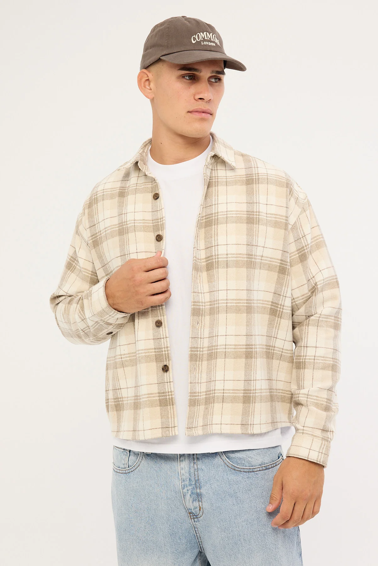 Common Need Preston Cropped Flannel Overshirt Off White - Image 7
