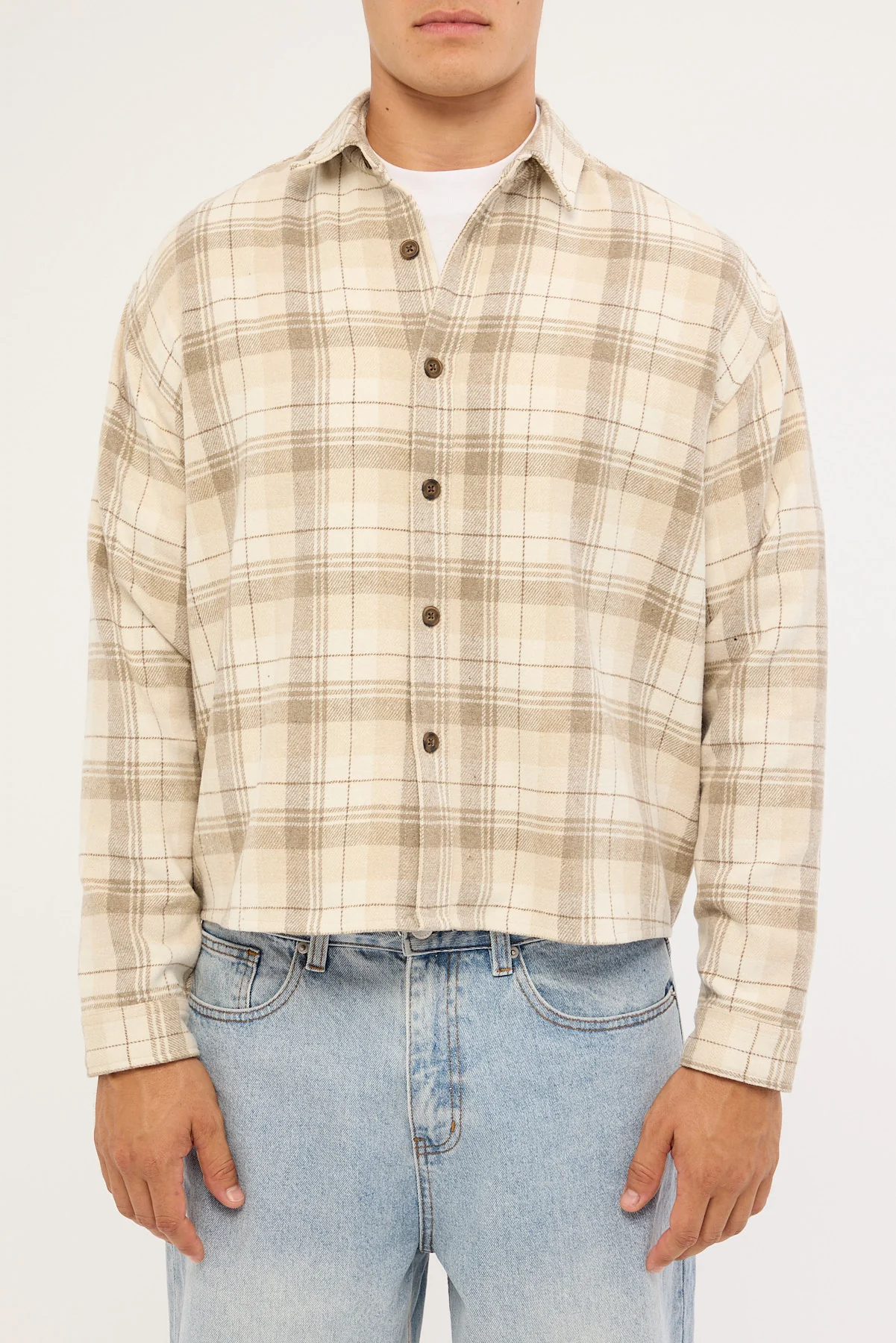 Common Need Preston Cropped Flannel Overshirt Off White - Image 8