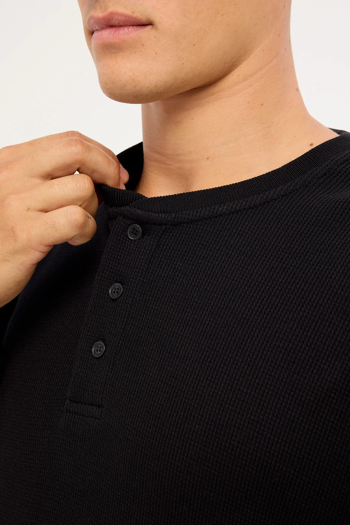 Common Need Raymond Waffle Long Sleeve Henley Tee Black - Image 3