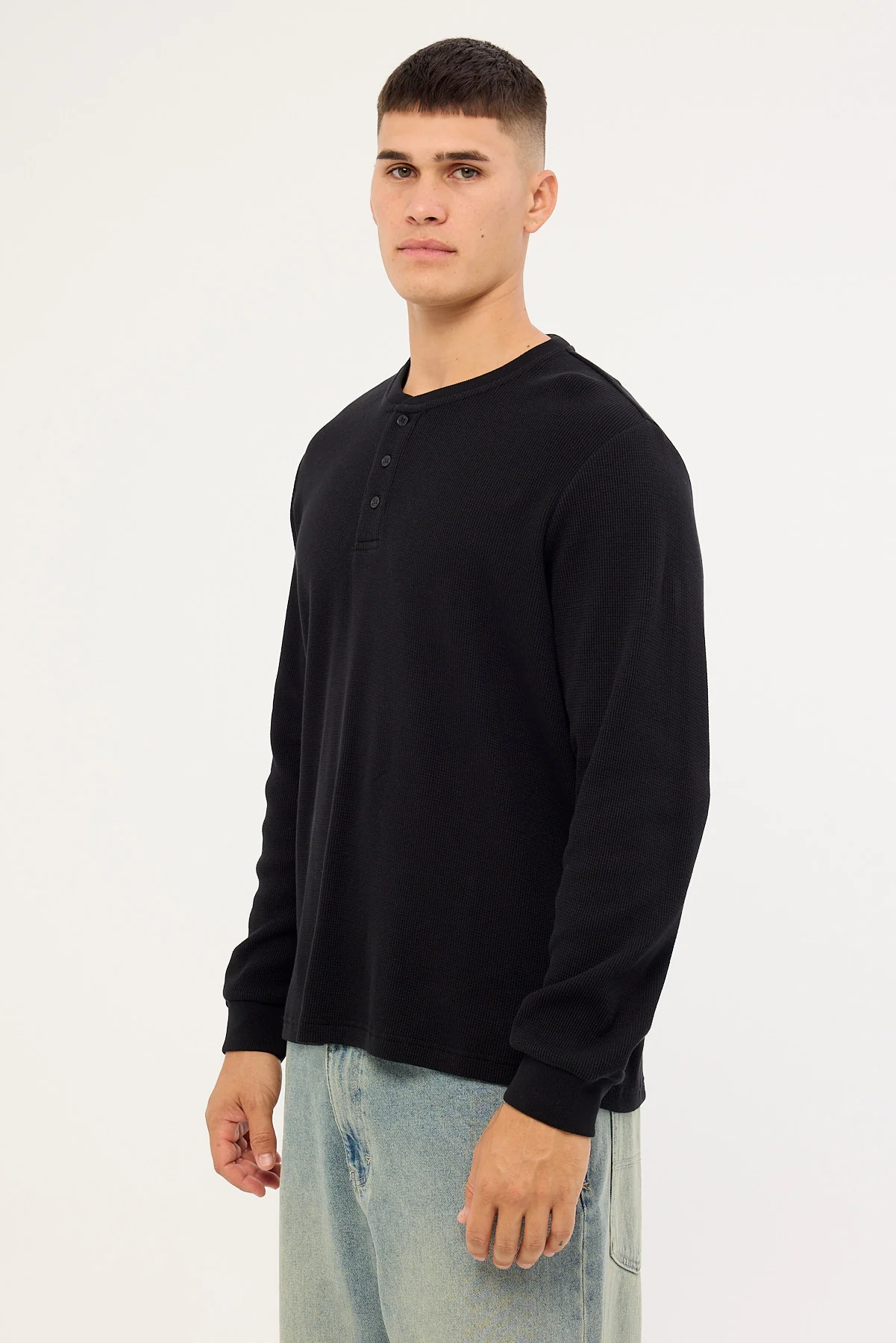 Common Need Raymond Waffle Long Sleeve Henley Tee Black - Image 4