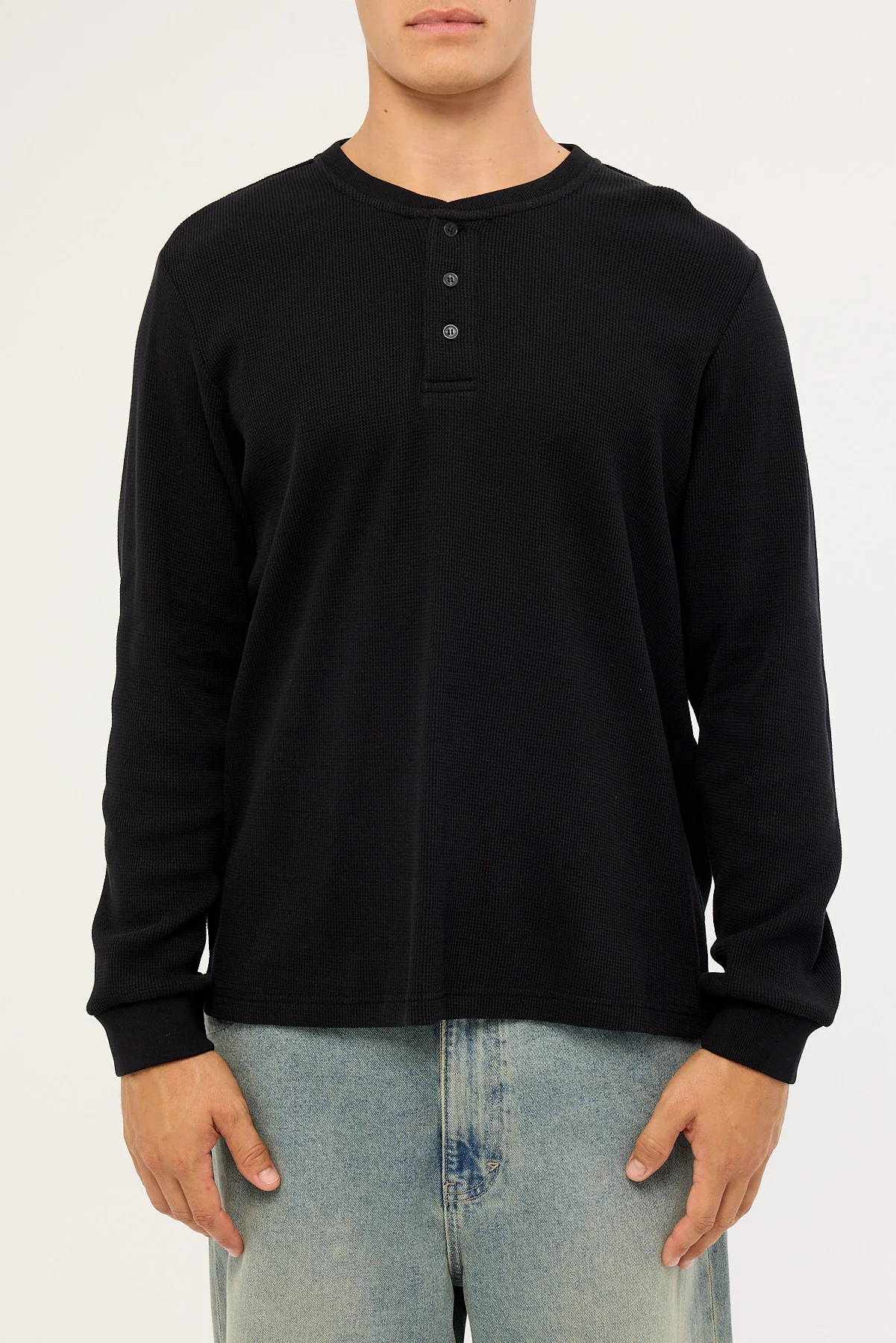 Common Need Raymond Waffle Long Sleeve Henley Tee Black - Image 6