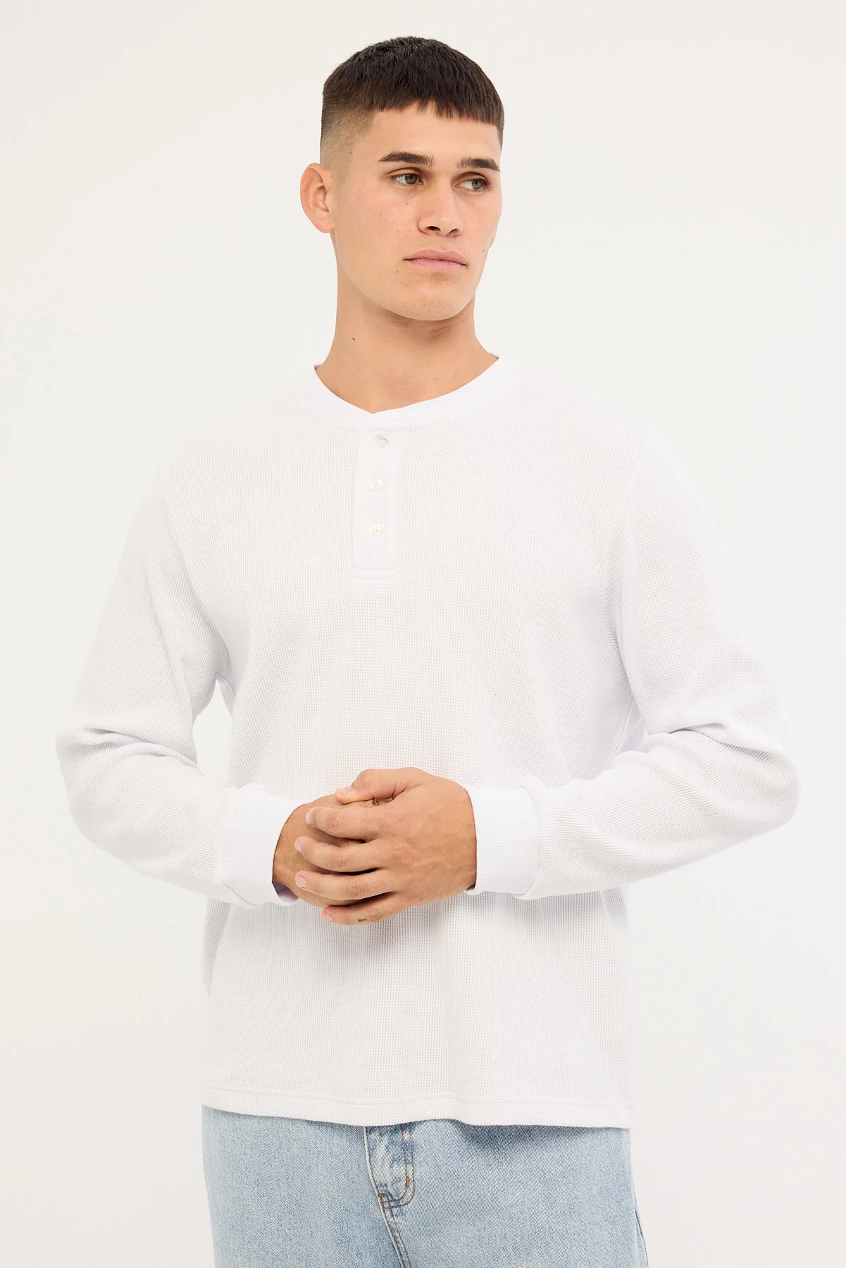 Common Need Raymond Waffle Long Sleeve Henley Tee White