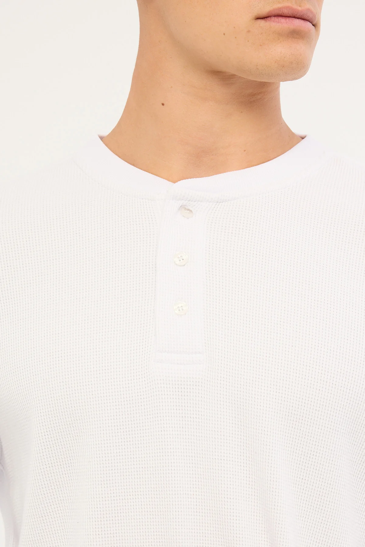Common Need Raymond Waffle Long Sleeve Henley Tee White - Image 3