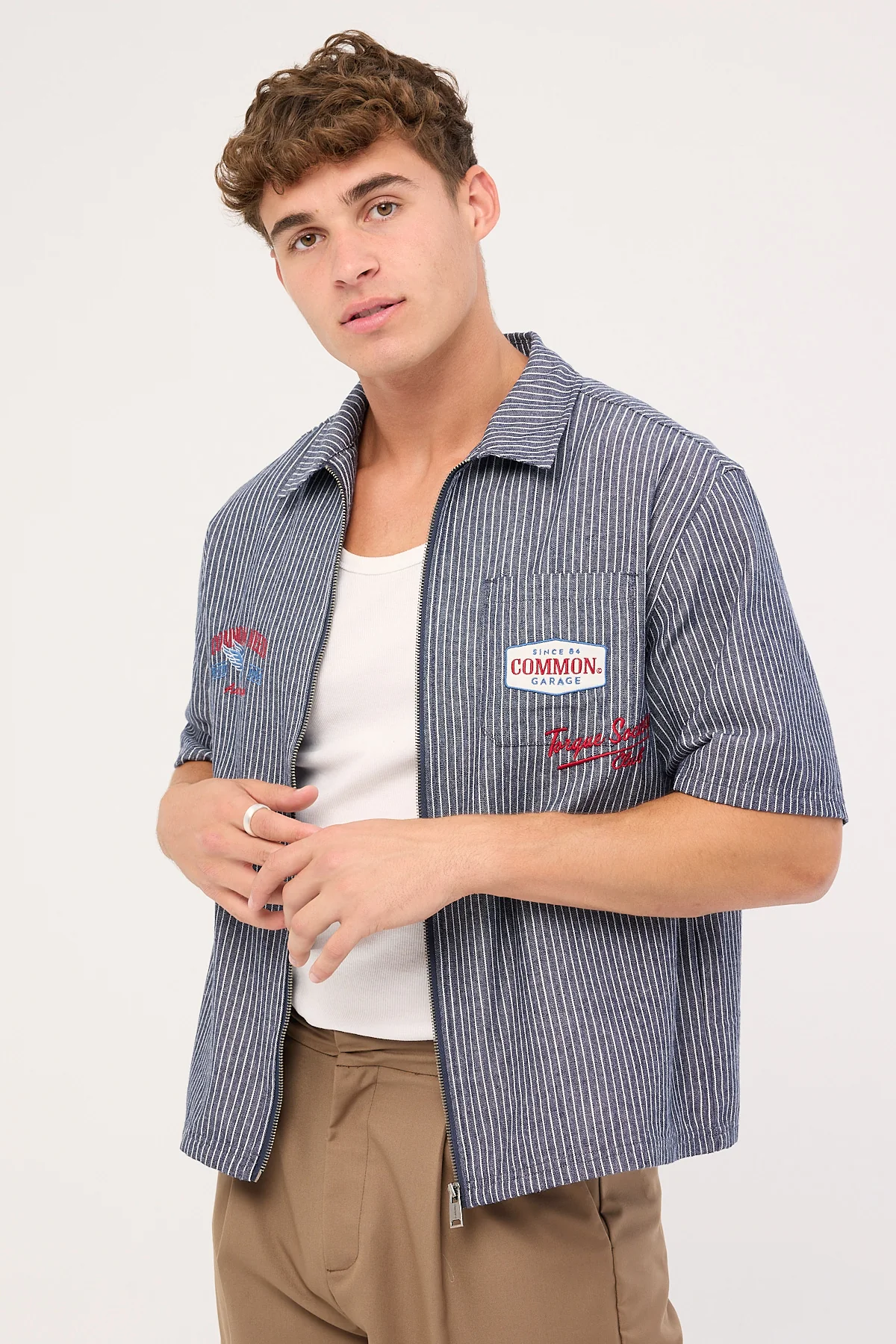 Common Need RevWorks Zip Through Boxy Cropped Shirt Navy Stripe - Image 4