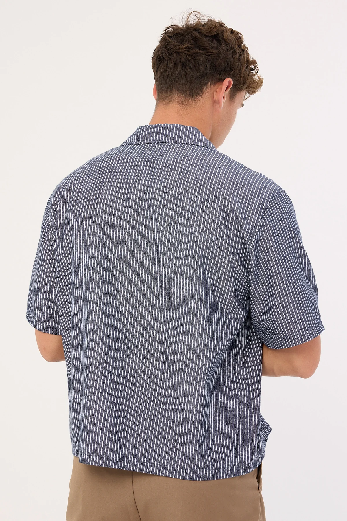 Common Need RevWorks Zip Through Boxy Cropped Shirt Navy Stripe - Image 5