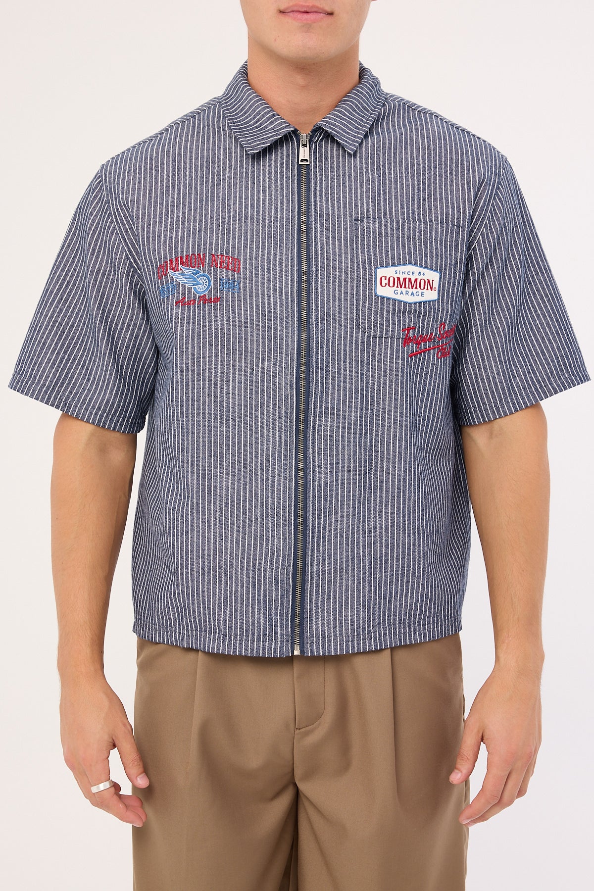 Common Need RevWorks Zip Through Boxy Cropped Shirt Navy Stripe - Image 6