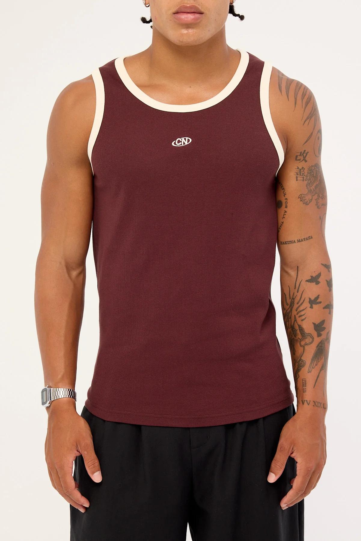 Common Need Rewind Contrast Bind Scoop Singlet Tank Burgundy - Image 6