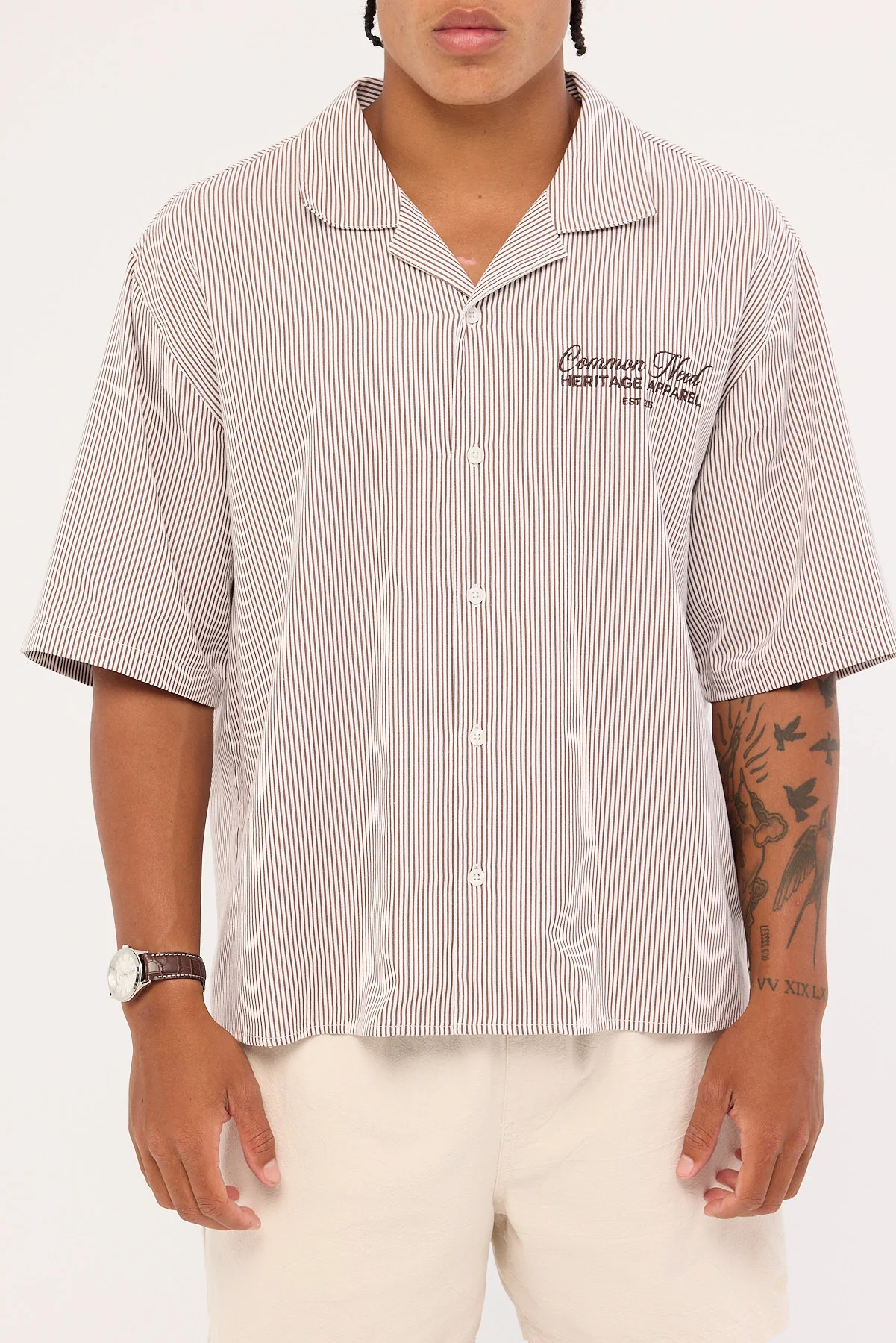 Common Need Royalty Boxy Cropped Resort Shirt Brown Stripe - Image 12
