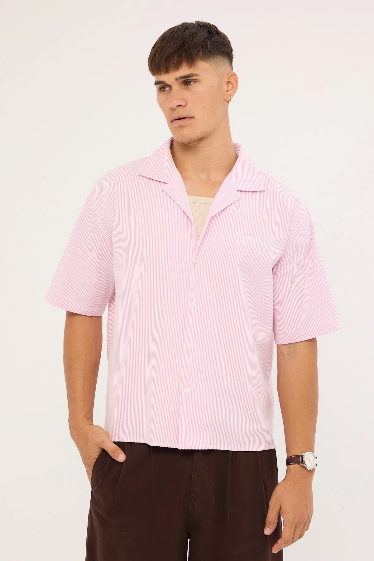 Common Need Royalty Boxy Cropped Resort Shirt Pink Stripe - Image 3