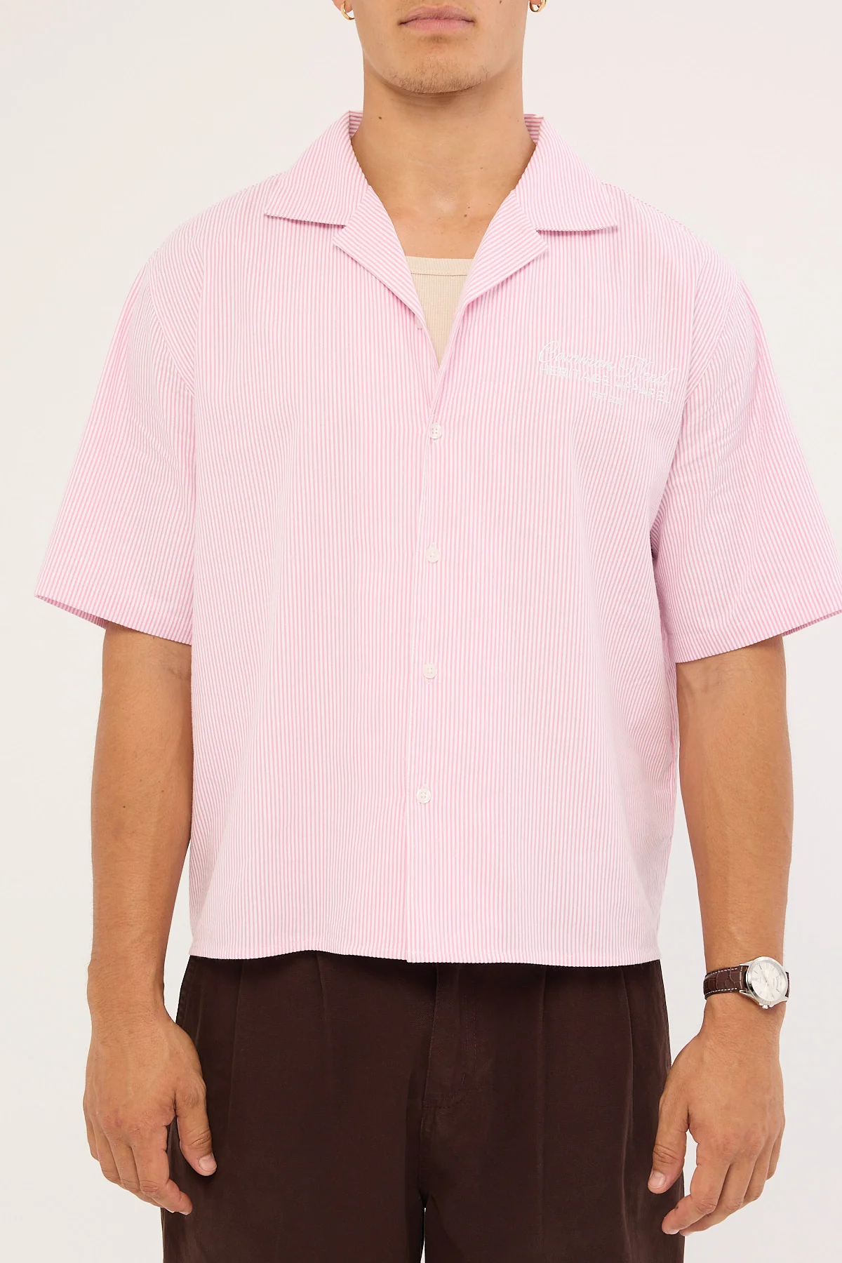 Common Need Royalty Boxy Cropped Resort Shirt Pink Stripe - Image 8