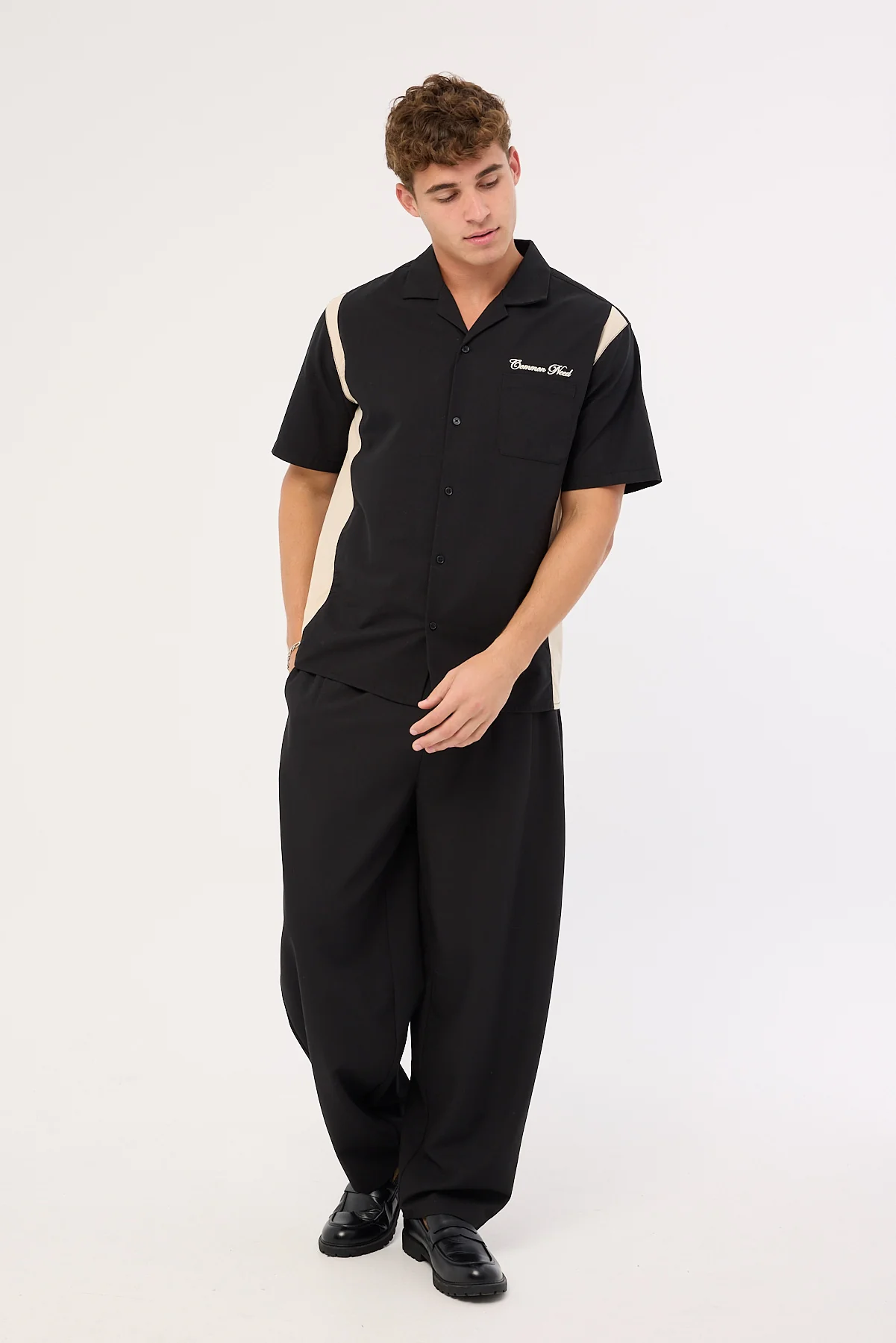 Common Need Script Panelled Resort Shirt Black