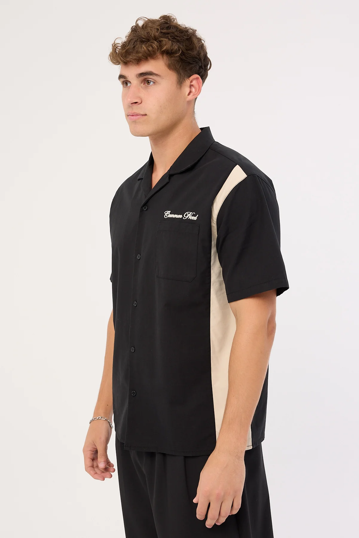Common Need Script Panelled Resort Shirt Black - Image 4